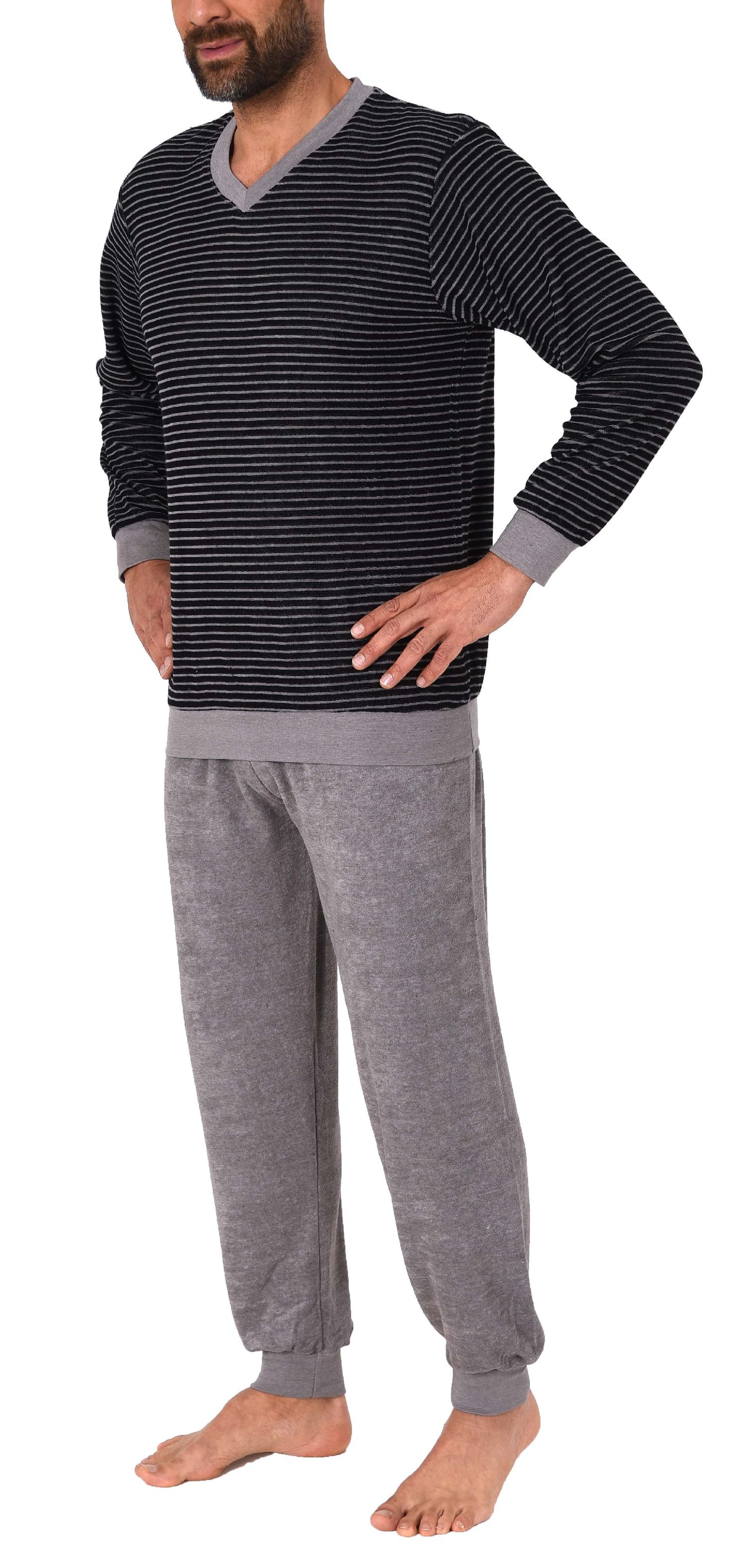 Lässiger Herren Frottee Pyjama langarm mit Bündchen in Ringel - Optik - 291 101 13 784