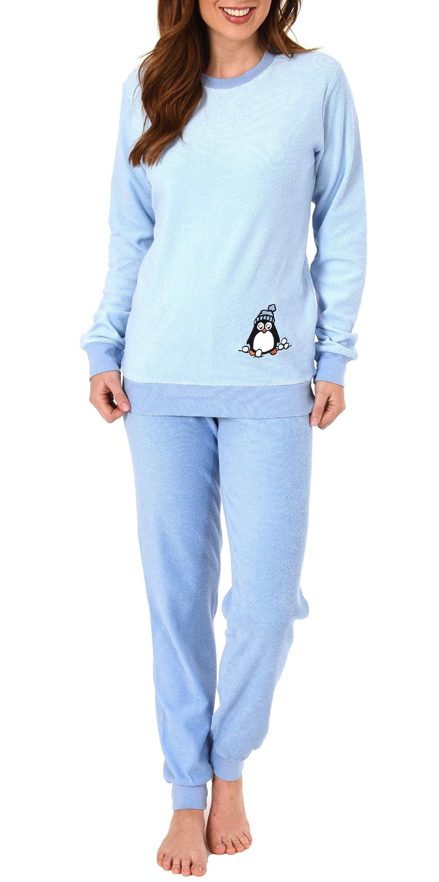 Damen Frottee Pyjama langarm Schlafanzug mit Bündchen und süßem Pinguin Motiv - 201 13 564 Damen Frottee Pyjama langarm Schlafanzug mit Bündchen und süßem Pinguin Motiv - 201 13 564