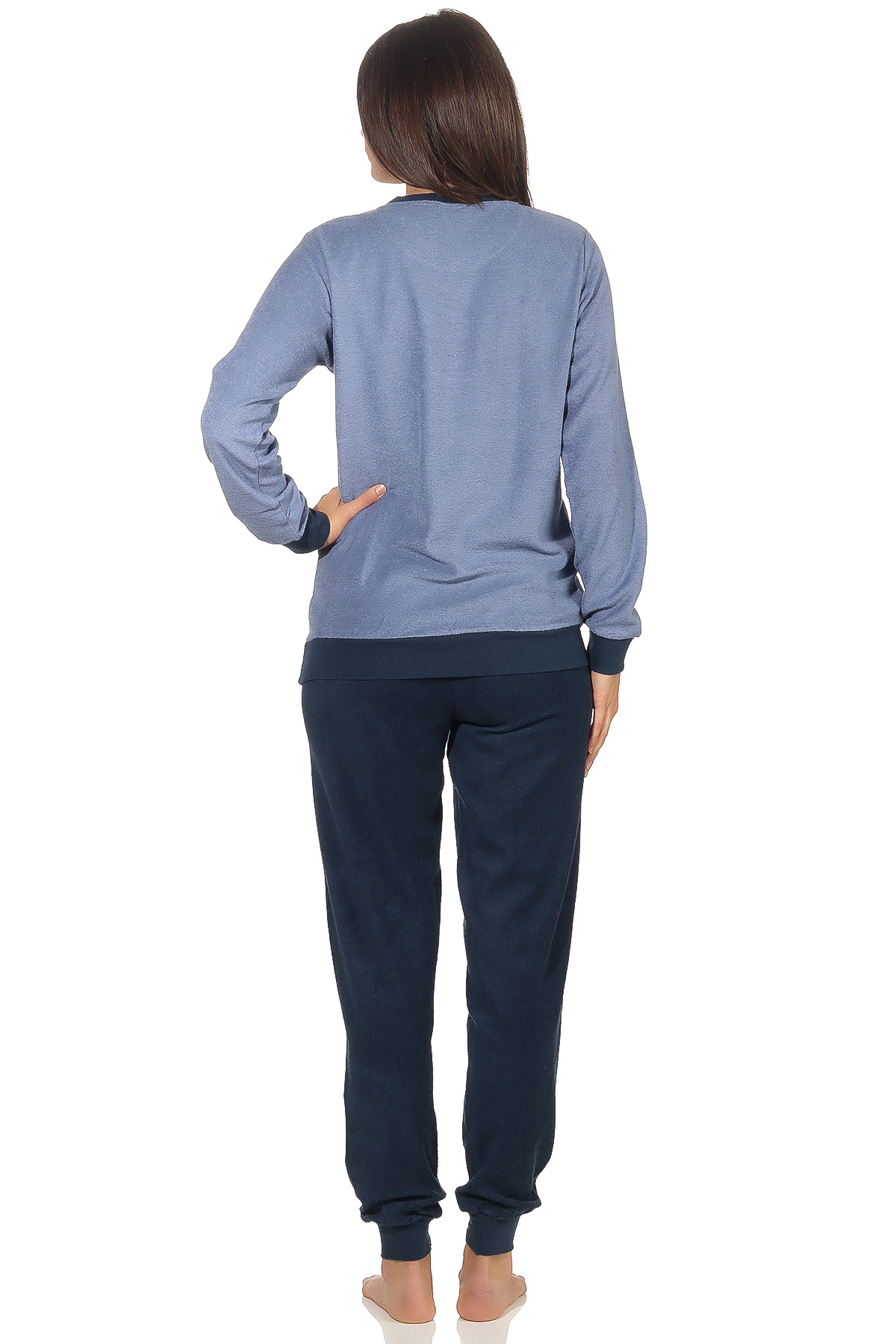 Damen Frottee Pyjama langarm Schlafanzug mit Bündchen und süsser Applikation - 201 13 565