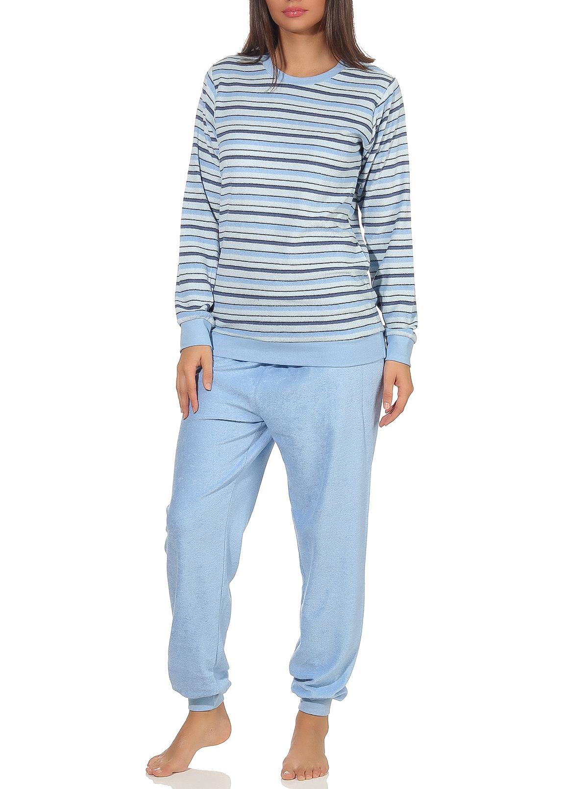 Eleganter Damen Frottee Pyjama Schlafanzug mit Bündchen in Streifenoptik  - 291 201 13 572