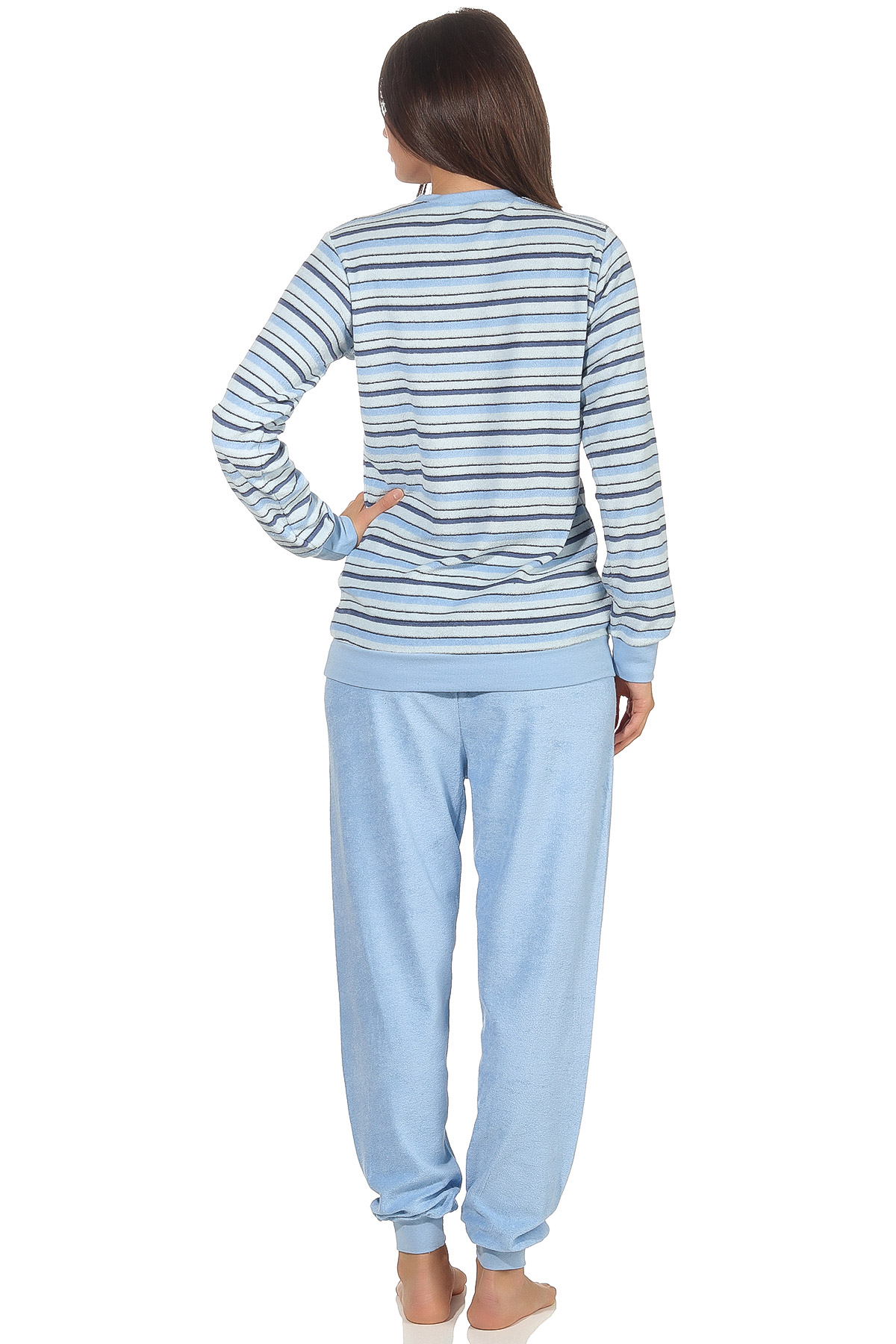 Eleganter Damen Frottee Pyjama Schlafanzug mit Bündchen in Streifenoptik  - 291 201 13 572