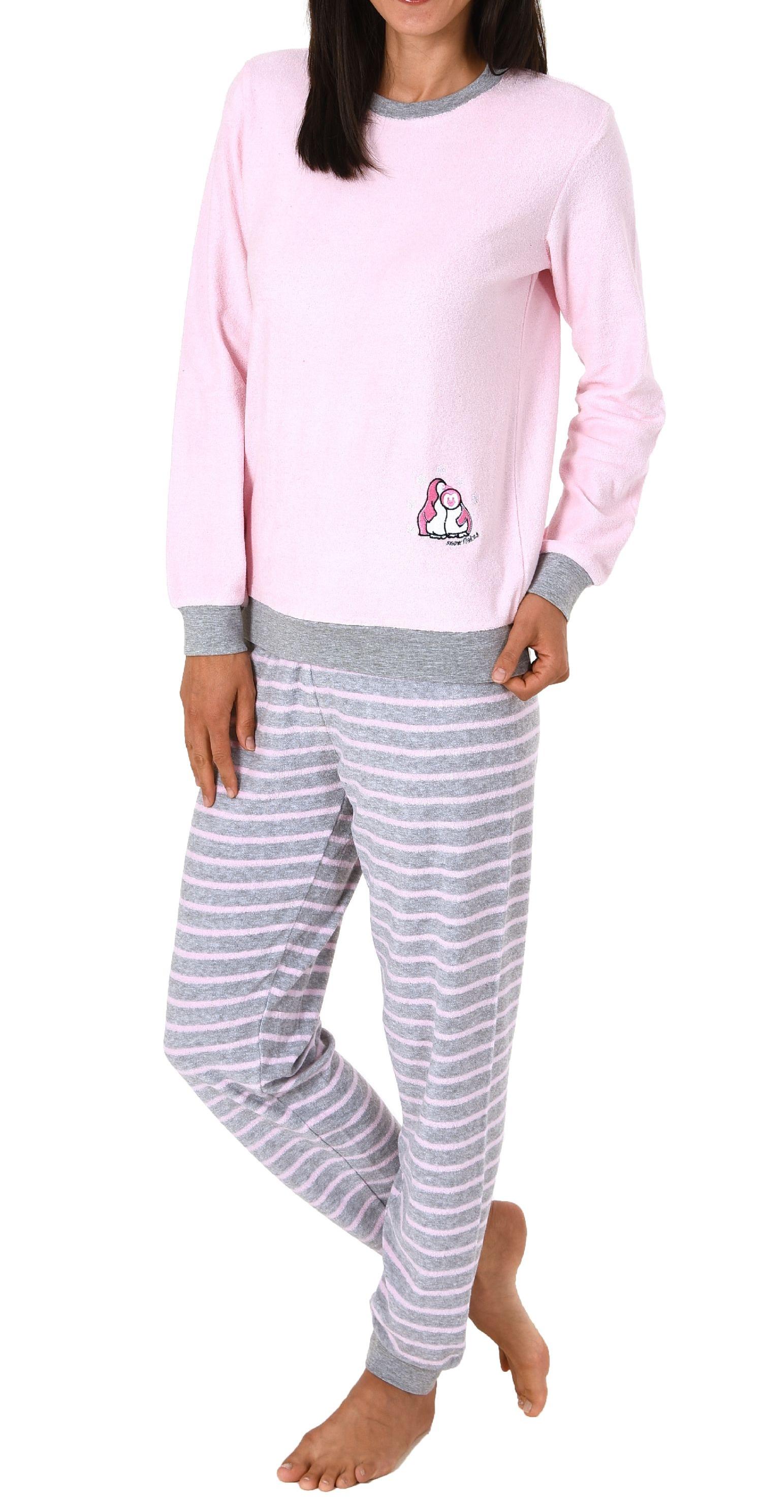 Damen Frottee Pyjama langarm mit Bündchen und niedlicher Pinguin Stickerei - 291 13 779 Damen Frottee Pyjama langarm mit Bündchen und niedlicher Pinguin Stickerei - 291 13 779