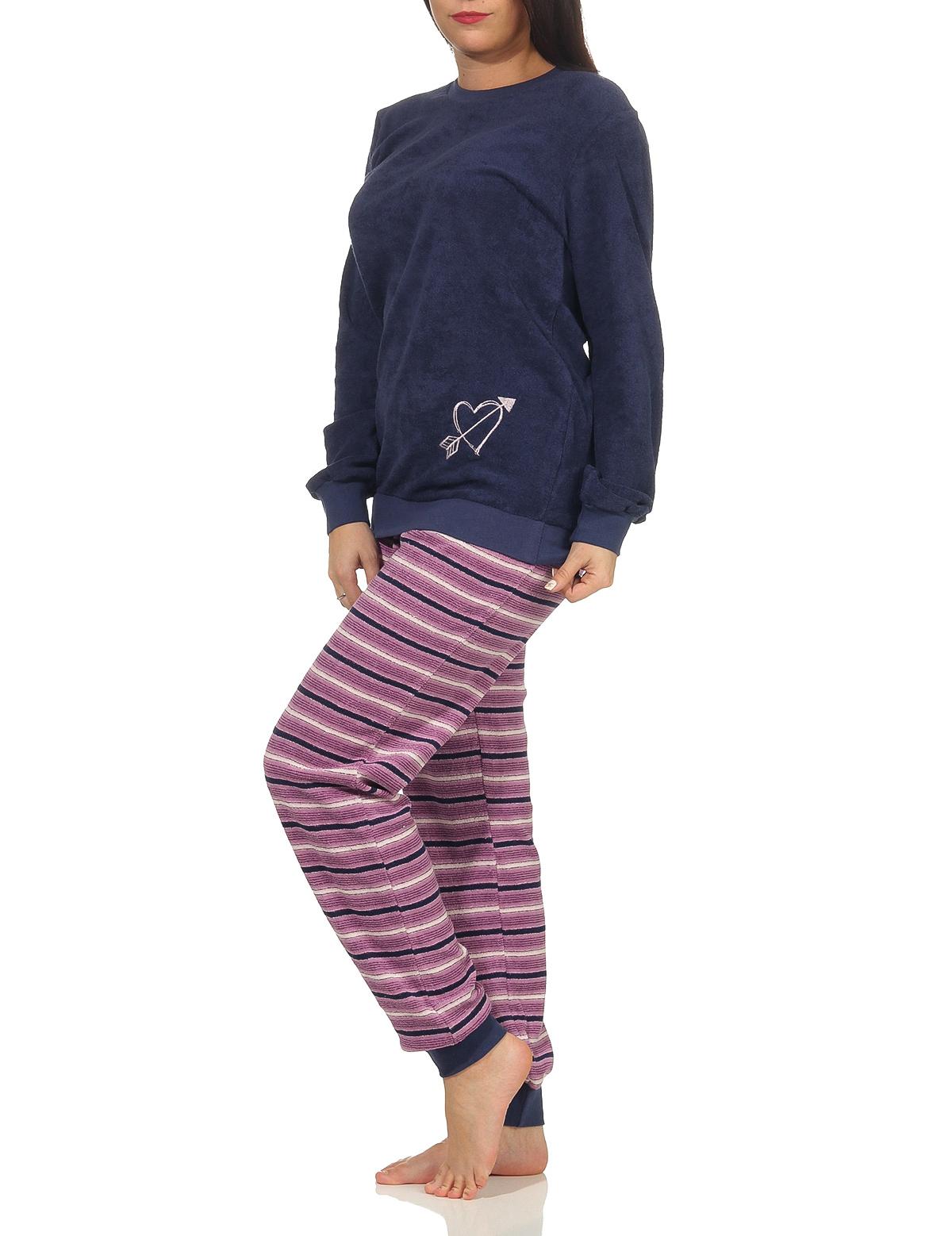 Damen Frottee Pyjama mit Bündchen - Hose gestreift, Oberteil mit Herz Motiv - 291 201 13 901 Damen Frottee Pyjama mit Bündchen - Hose gestreift, Oberteil mit Herz Motiv - 291 13 901