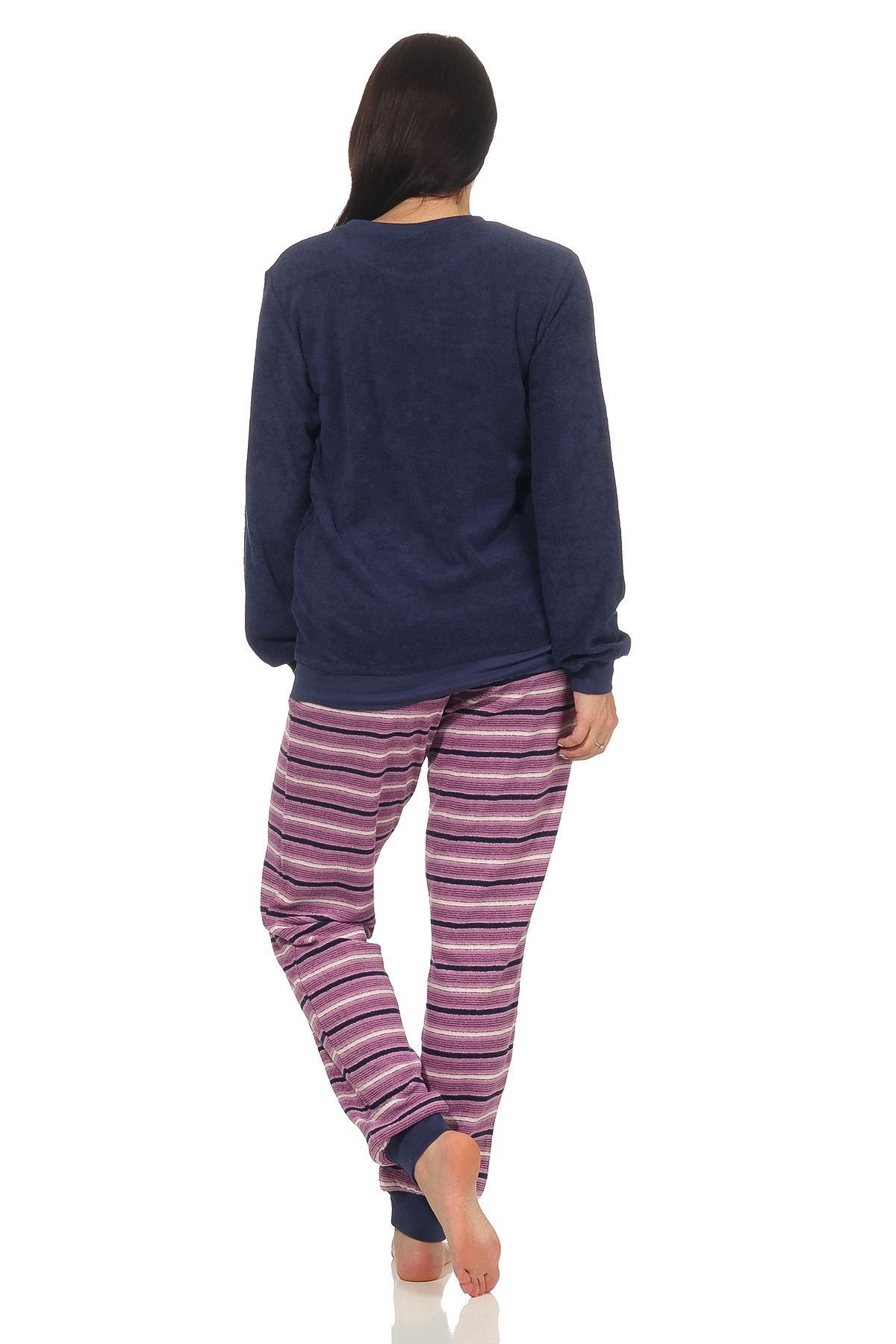 Damen Frottee Pyjama mit Bündchen - Hose gestreift, Oberteil mit Herz Motiv - 291 201 13 901 Damen Frottee Pyjama mit Bündchen - Hose gestreift, Oberteil mit Herz Motiv - 291 13 901