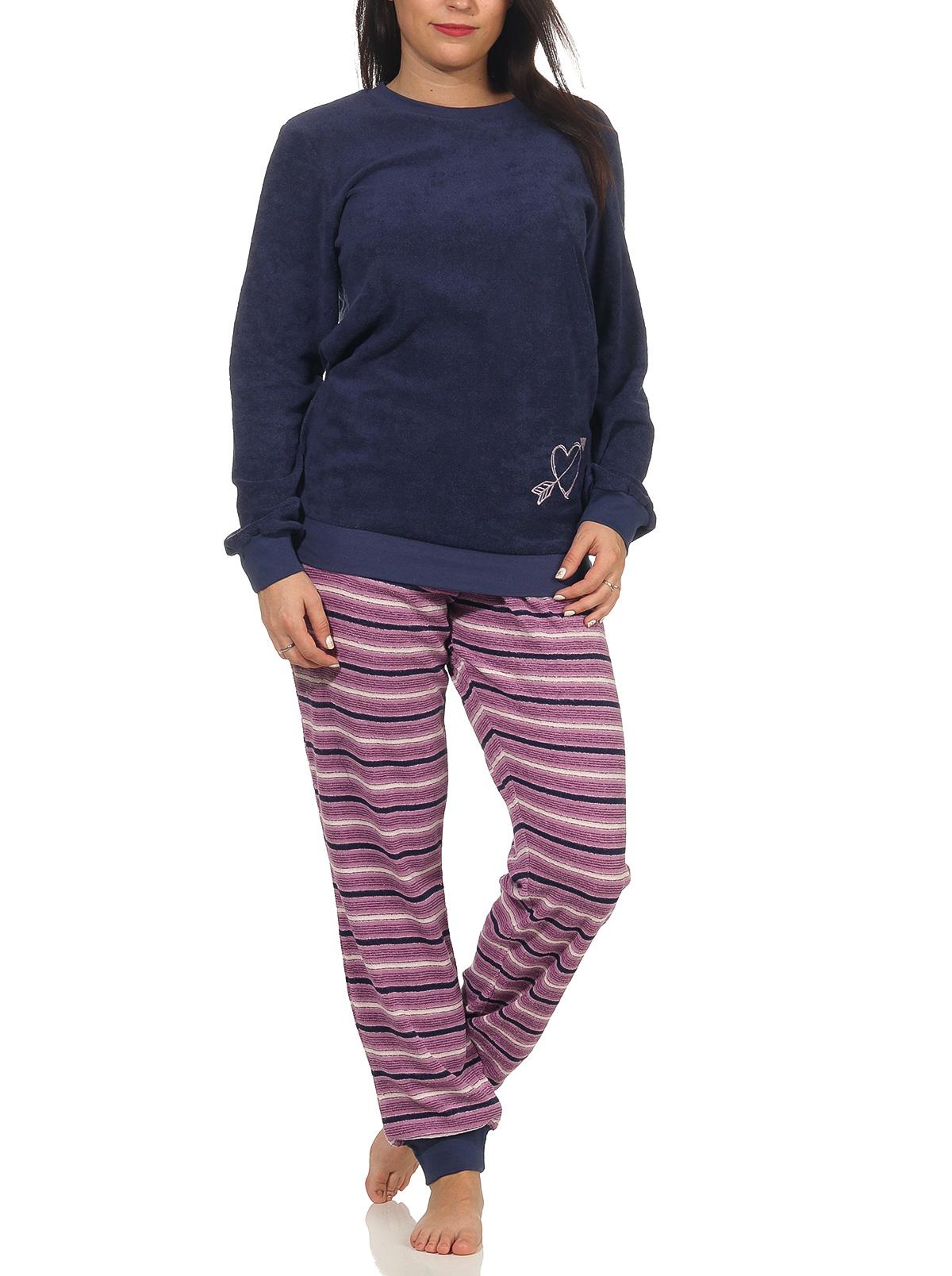 Damen Frottee Pyjama mit Bündchen - Hose gestreift, Oberteil mit Herz Motiv - 291 13 901