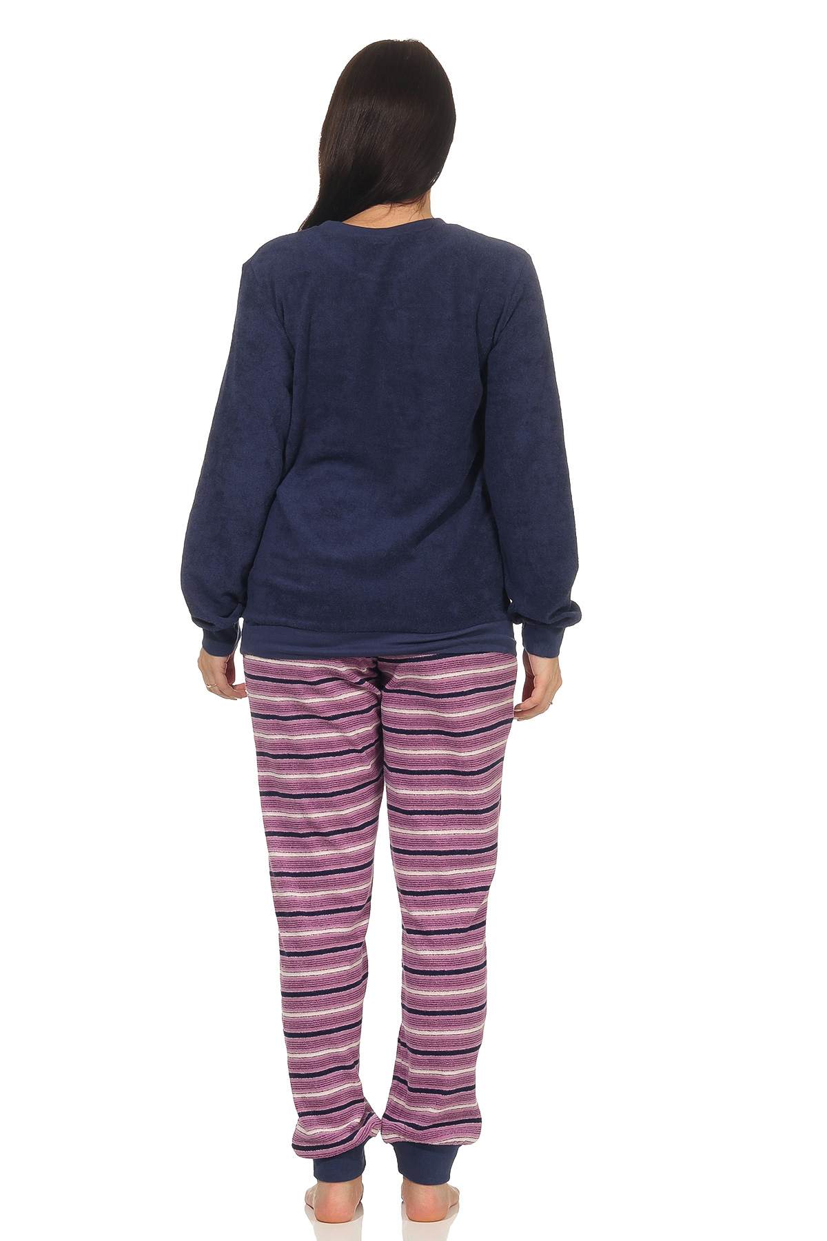 Damen Frottee Pyjama mit Bündchen - Hose gestreift, Oberteil mit Herz Motiv - 291 13 901