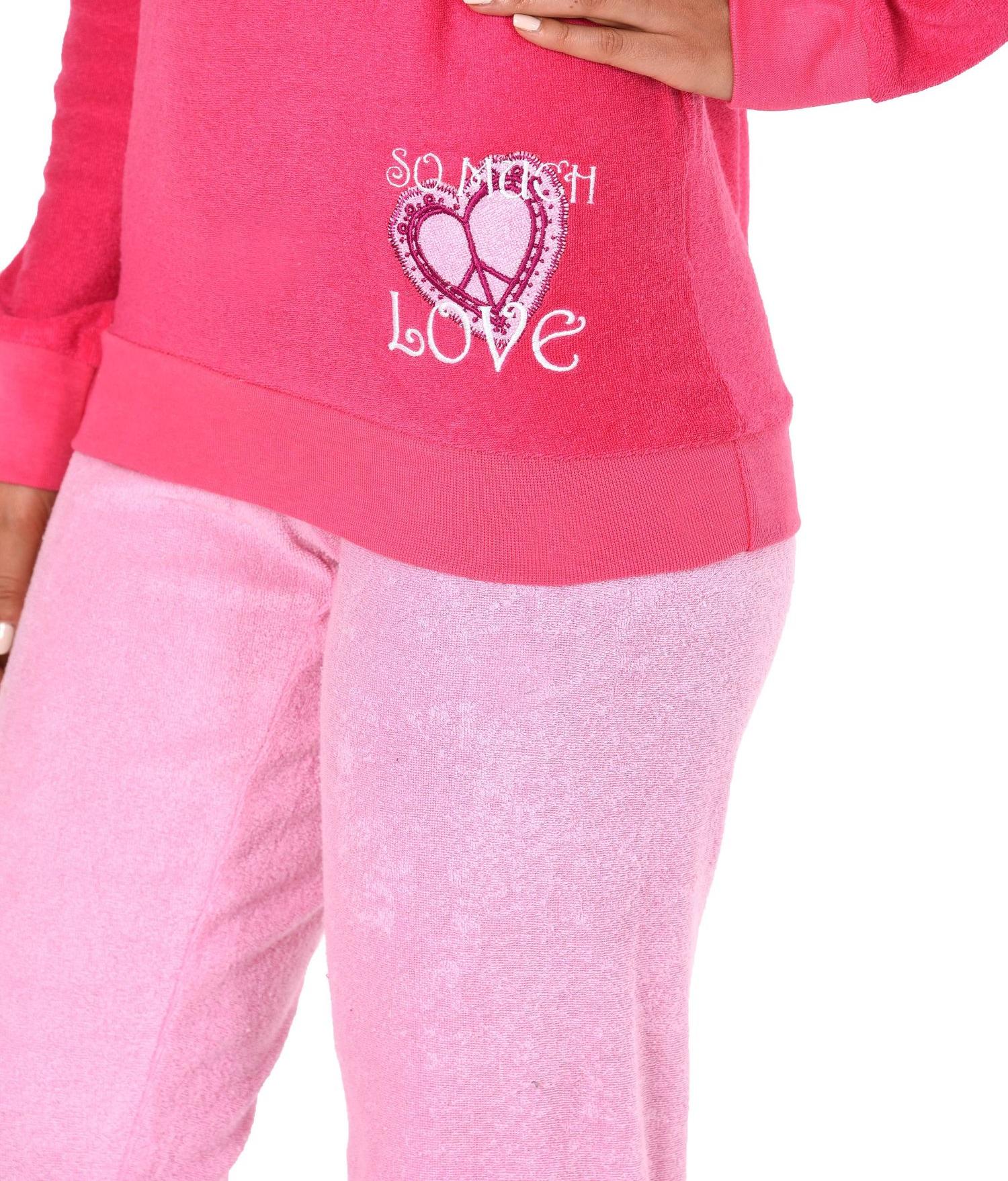 Damen Frottee Pyjama langarm Schlafanzug mit Bündchen und Herz Motiv - 61695 Damen Frottee Pyjama langarm Schlafanzug mit Bündchen und Herz Motiv - 61695