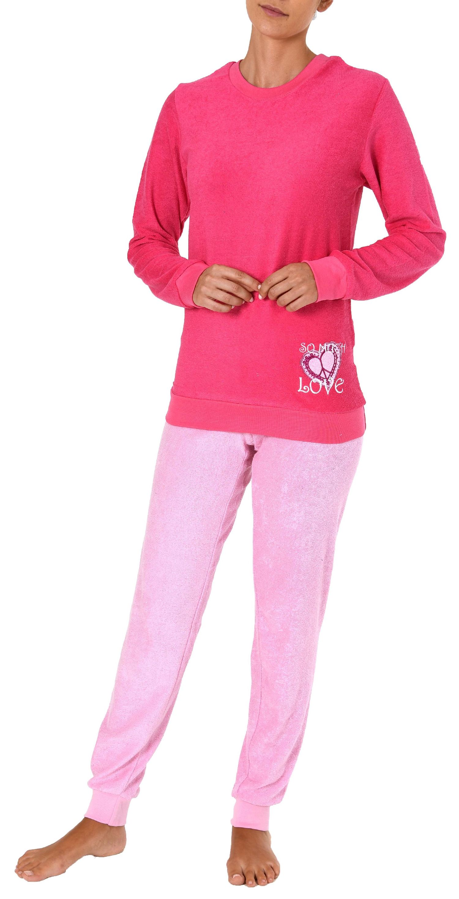 Damen Frottee Pyjama langarm Schlafanzug mit Bündchen und Herz Motiv - 61695