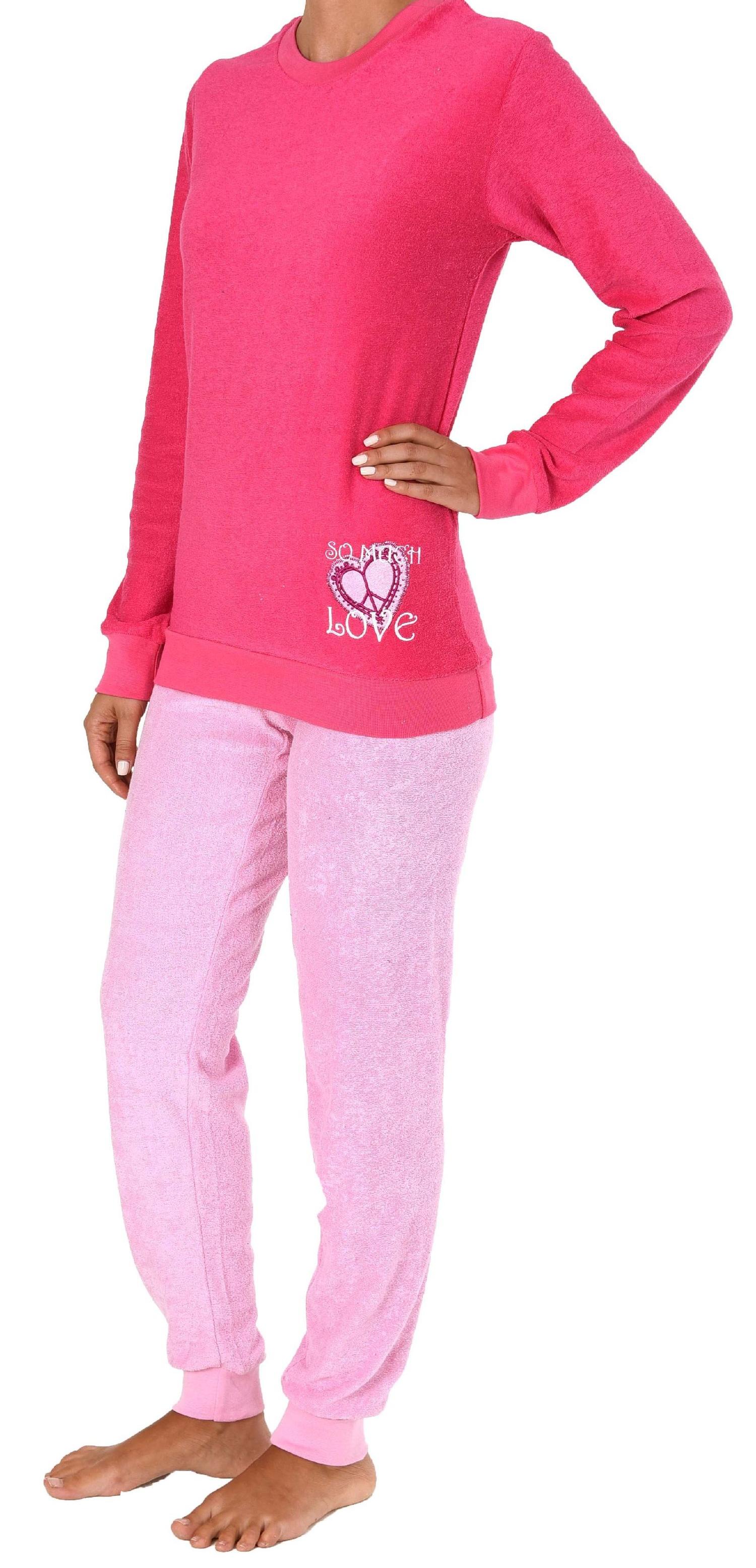 Damen Frottee Pyjama langarm Schlafanzug mit Bündchen und Herz Motiv - 61695
