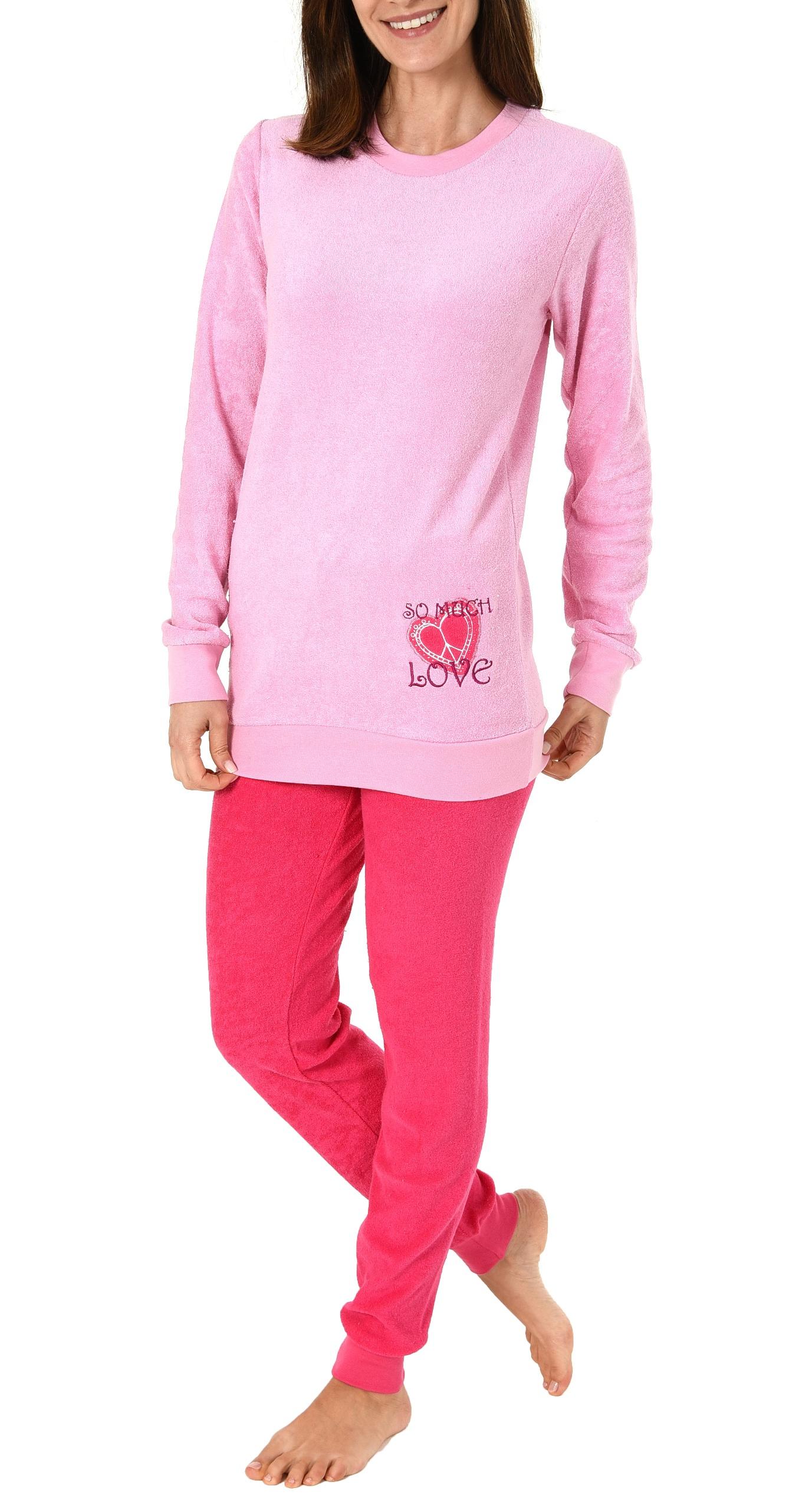 Damen Frottee Pyjama langarm Schlafanzug mit Bündchen und Herz Motiv - 61695