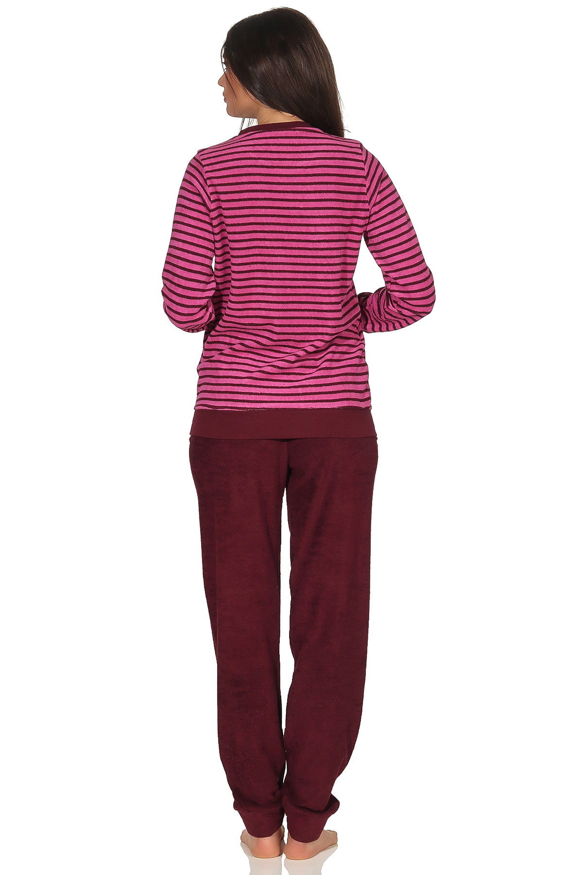 Lässiger Damen Frottee Pyjama langarm mit Bündchen in Streifenoptik - 291 201 13 776