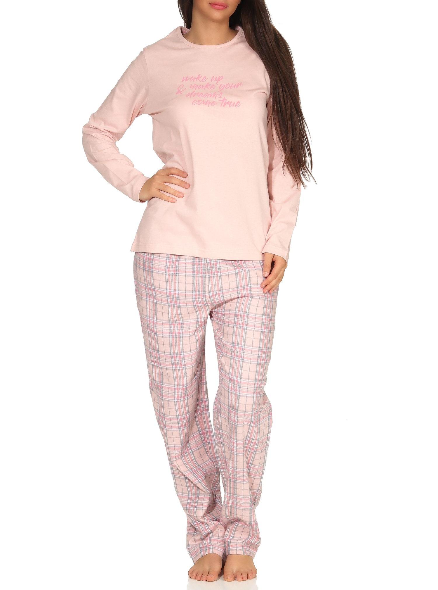 Damen Flanell Schlafanzug langarm Pyjama - Top Single Jersey, Hose Flanell - 202 201 10 602