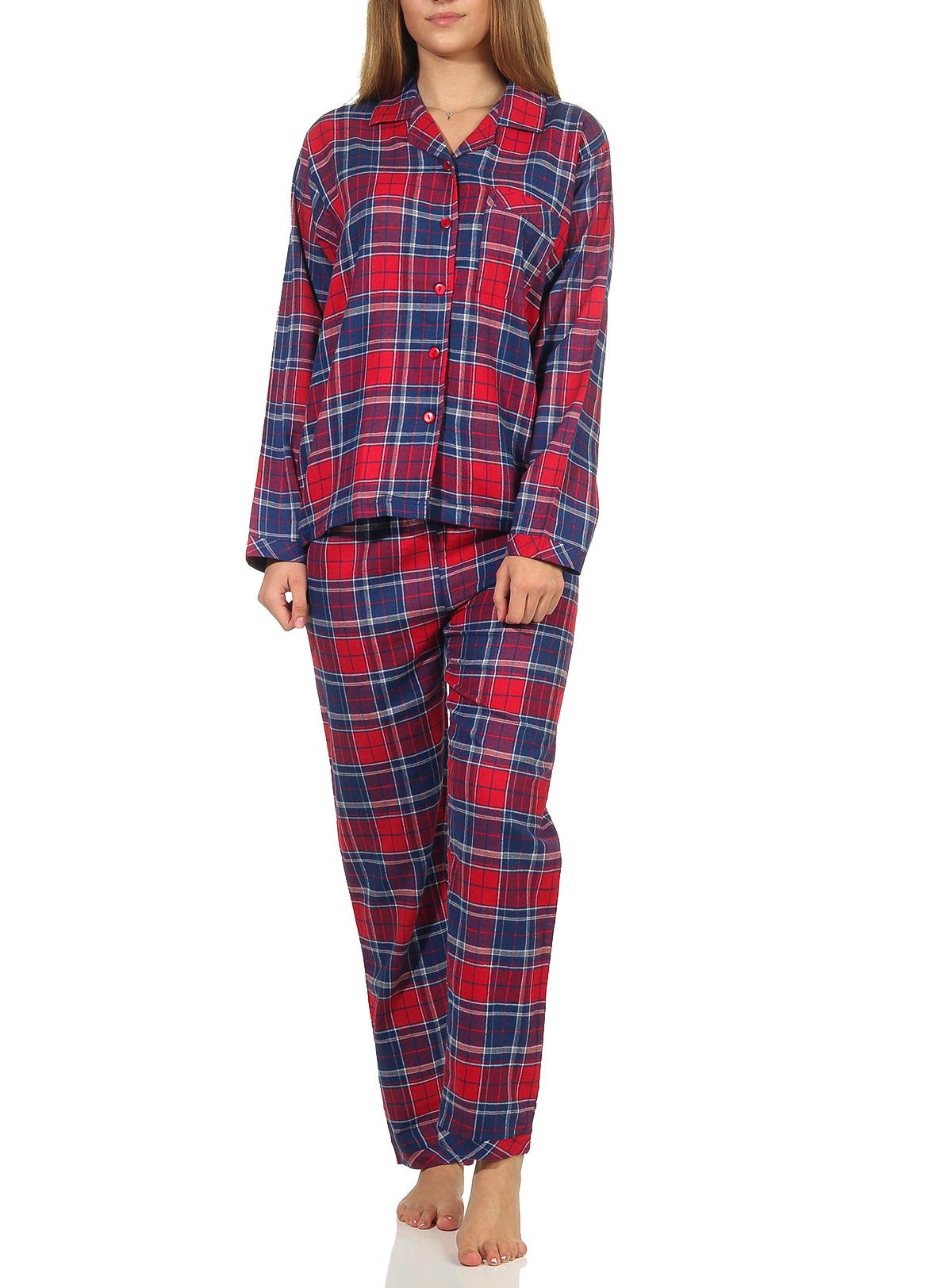 Damen Flanell Pyjama Schlafanzug kariert mit Knopfleiste und Hemdkragen - 202 201 15 600