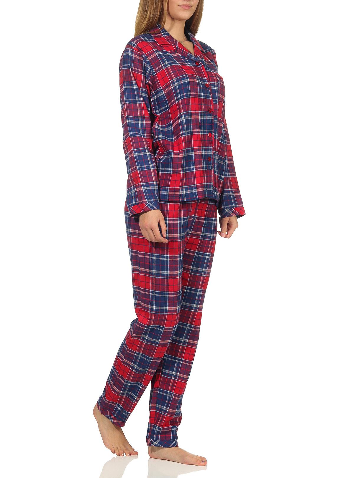 Damen Flanell Pyjama Schlafanzug kariert mit Knopfleiste und Hemdkragen - 202 201 15 600