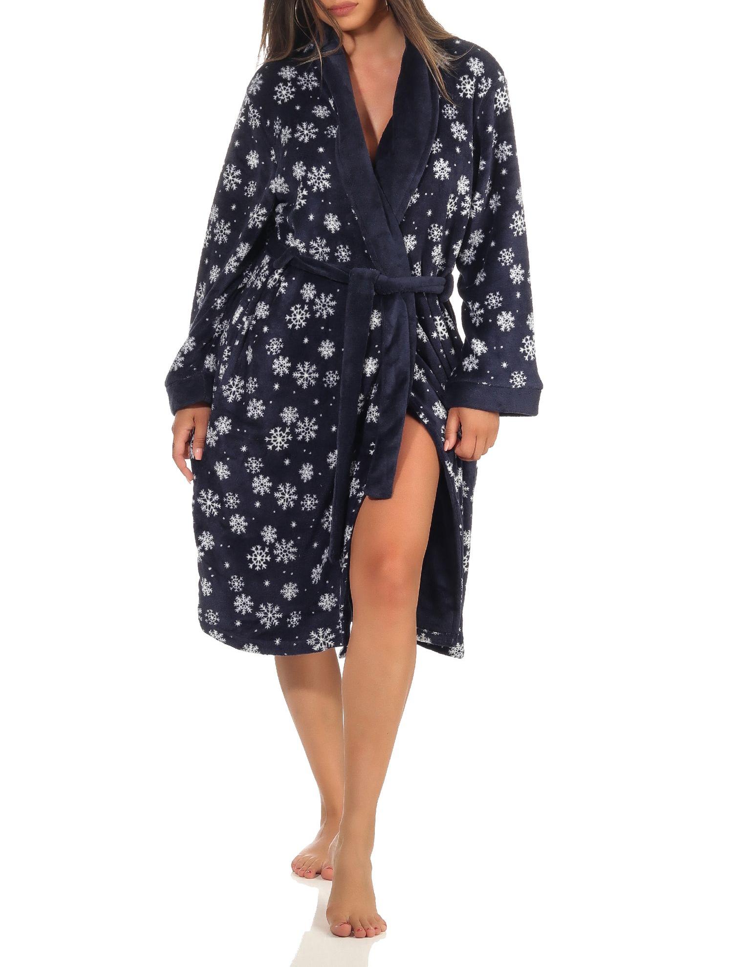 Damen Morgenmantel Bademantel in winterlicher Optik, kuscheliges Coralfleece