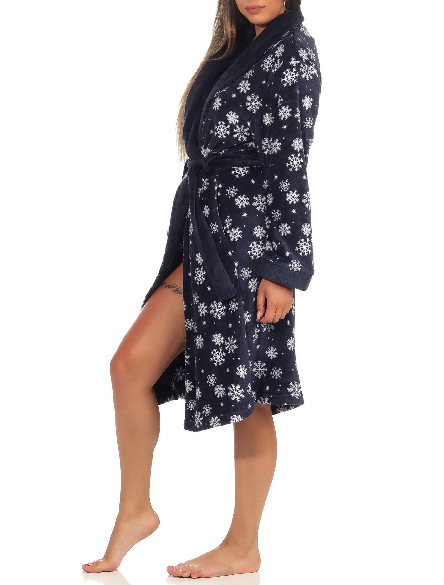 Damen Morgenmantel Bademantel in winterlicher Optik, kuscheliges Coralfleece