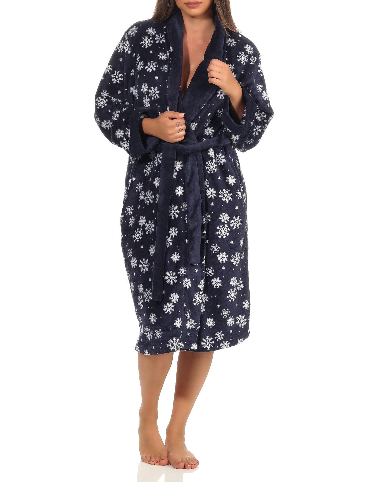 Damen Morgenmantel Bademantel in winterlicher Optik, kuscheliges Coralfleece