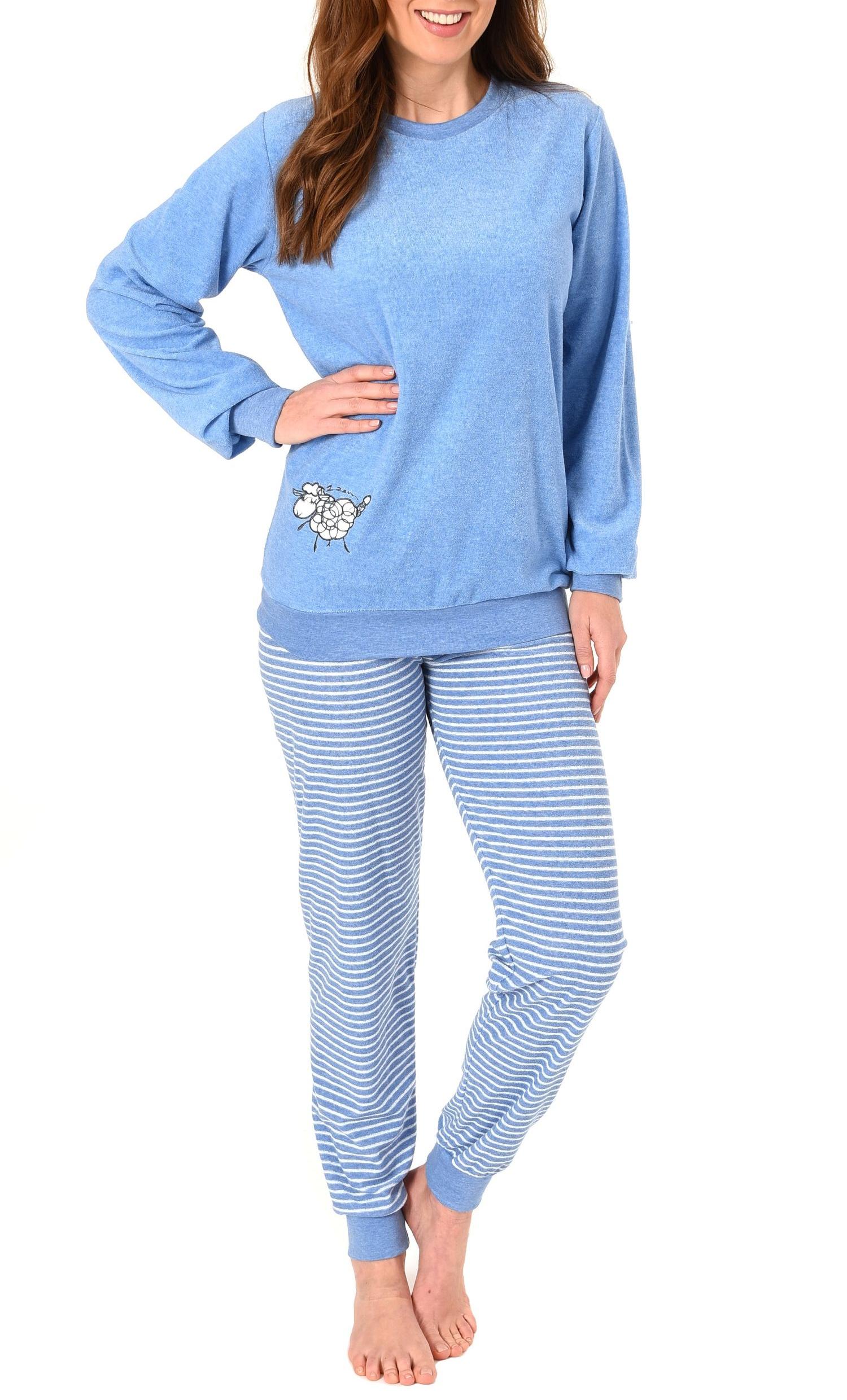 Damen Frottee Pyjama Schlafanzug mit Bündchen und süsser Tier Applikation - 202 201 13 110