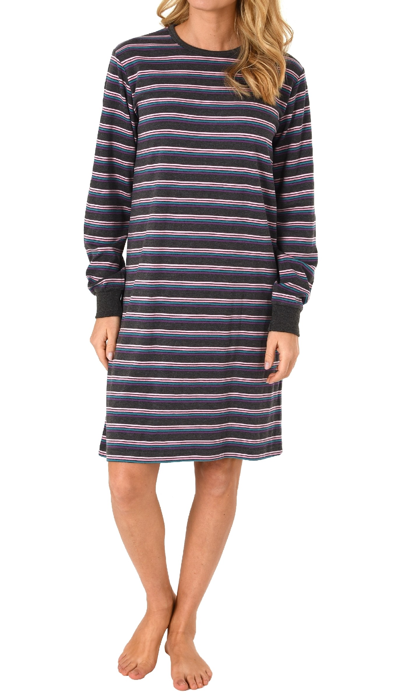 Damen NachthemdSleepshirt  langarm gestreift mit Bündchen - auch in Übergrössen