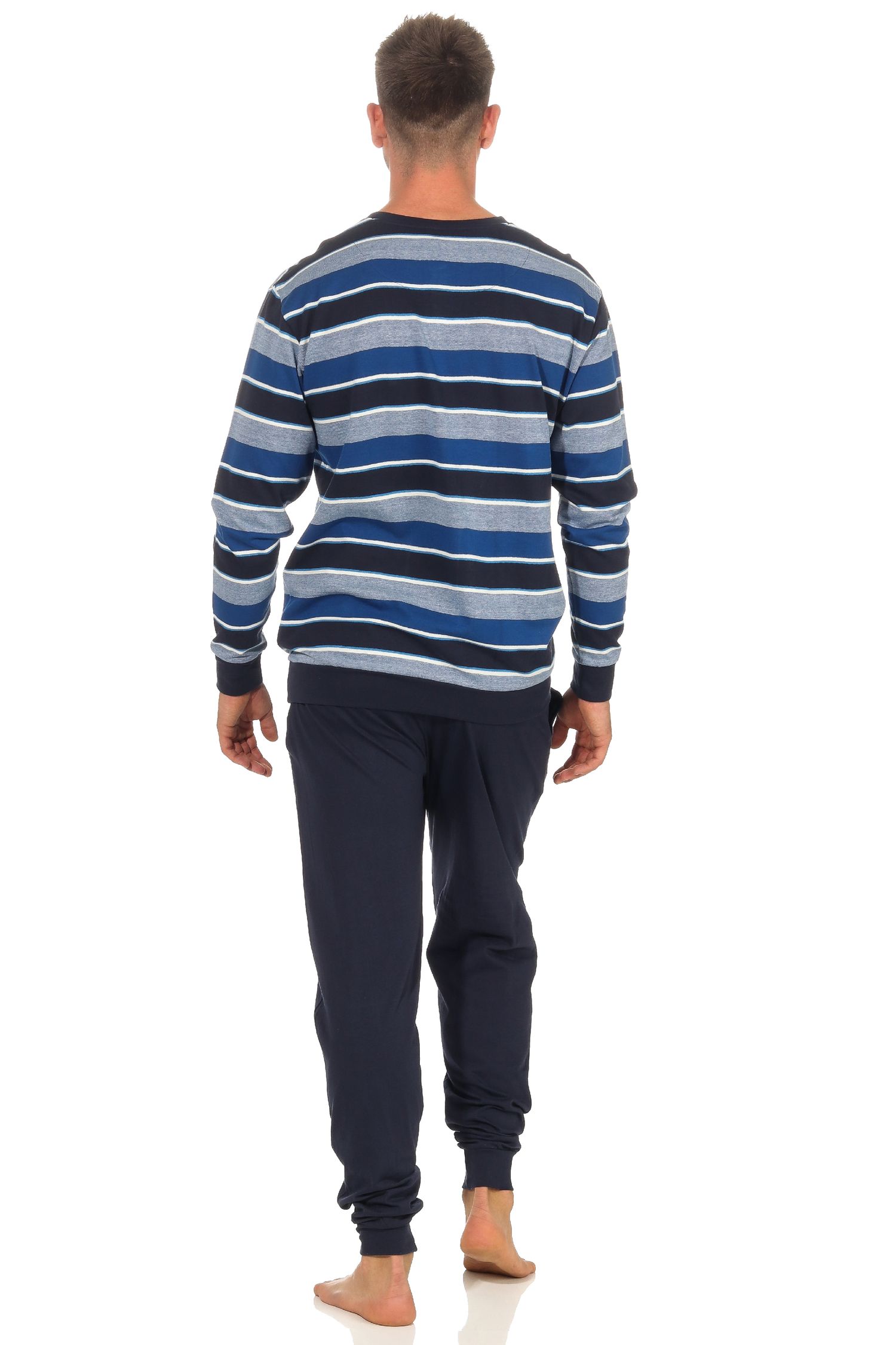 Eleganter Herren Pyjama Schlafanzug in Streifenoptik, Bündchen und Knopfleiste 101 90 726