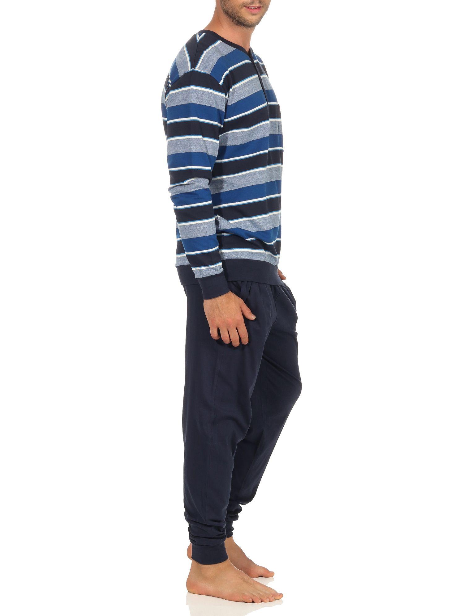 Eleganter Herren Pyjama Schlafanzug in Streifenoptik, Bündchen und Knopfleiste 101 90 726