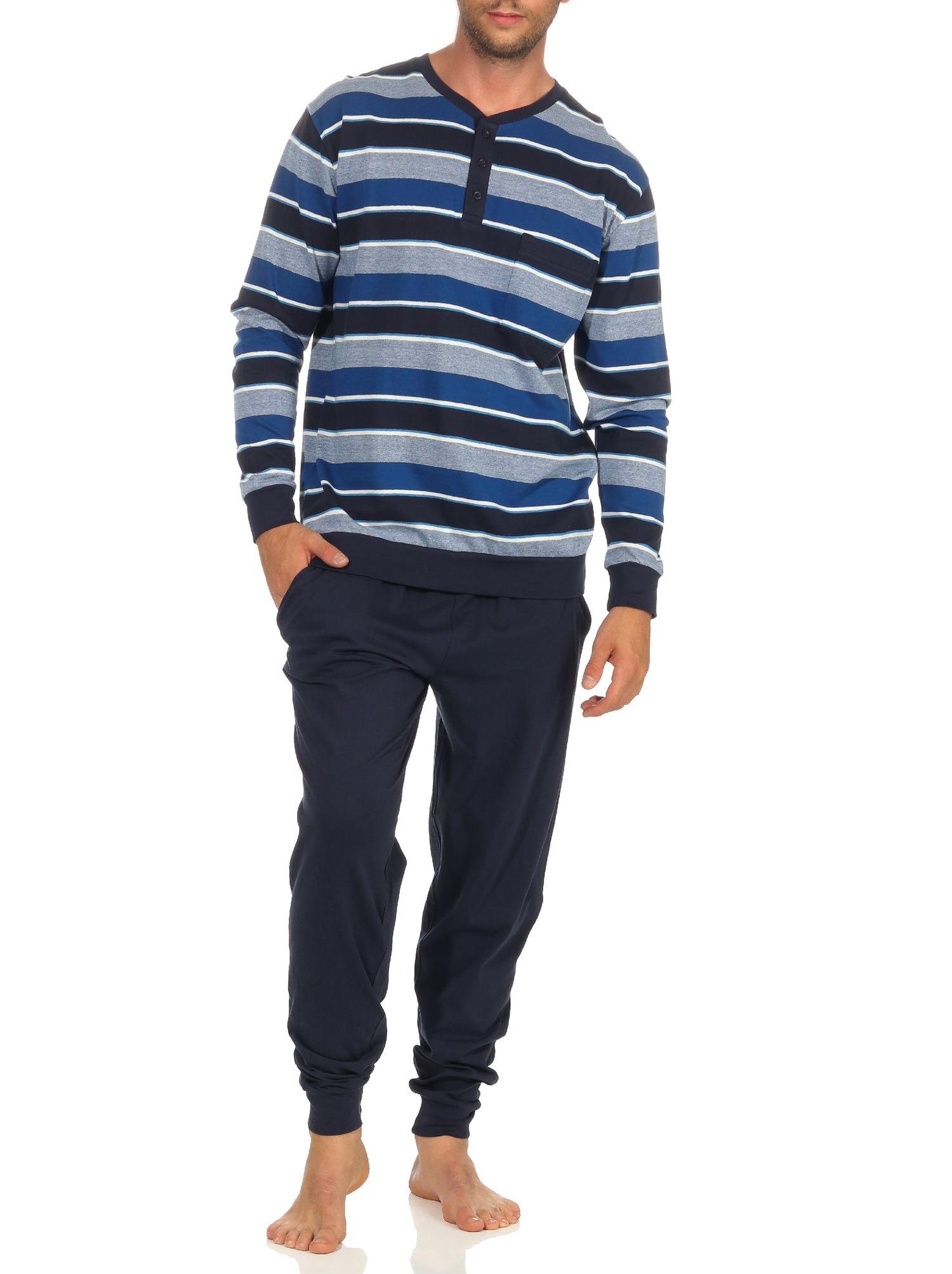 Eleganter Herren Pyjama Schlafanzug in Streifenoptik, Bündchen und Knopfleiste 101 90 726