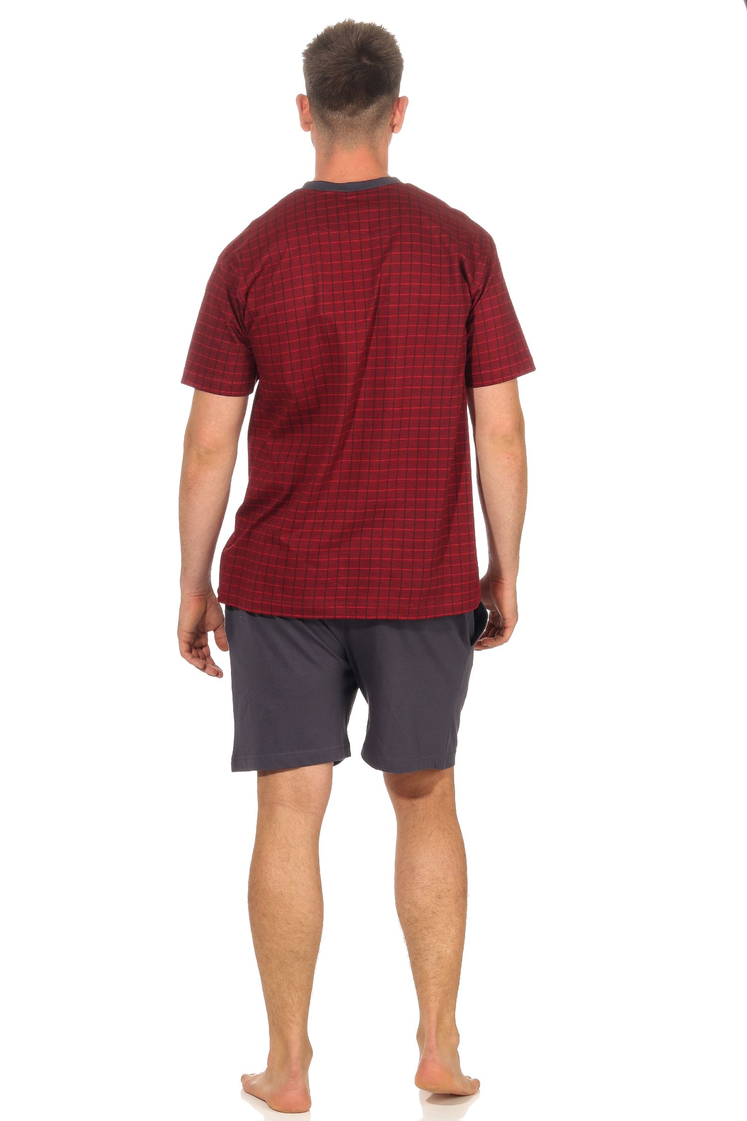 Herren Shorty Pyjama Schlafanzug kurzarm mit Knopfleiste am Hals in edler Karo Optik