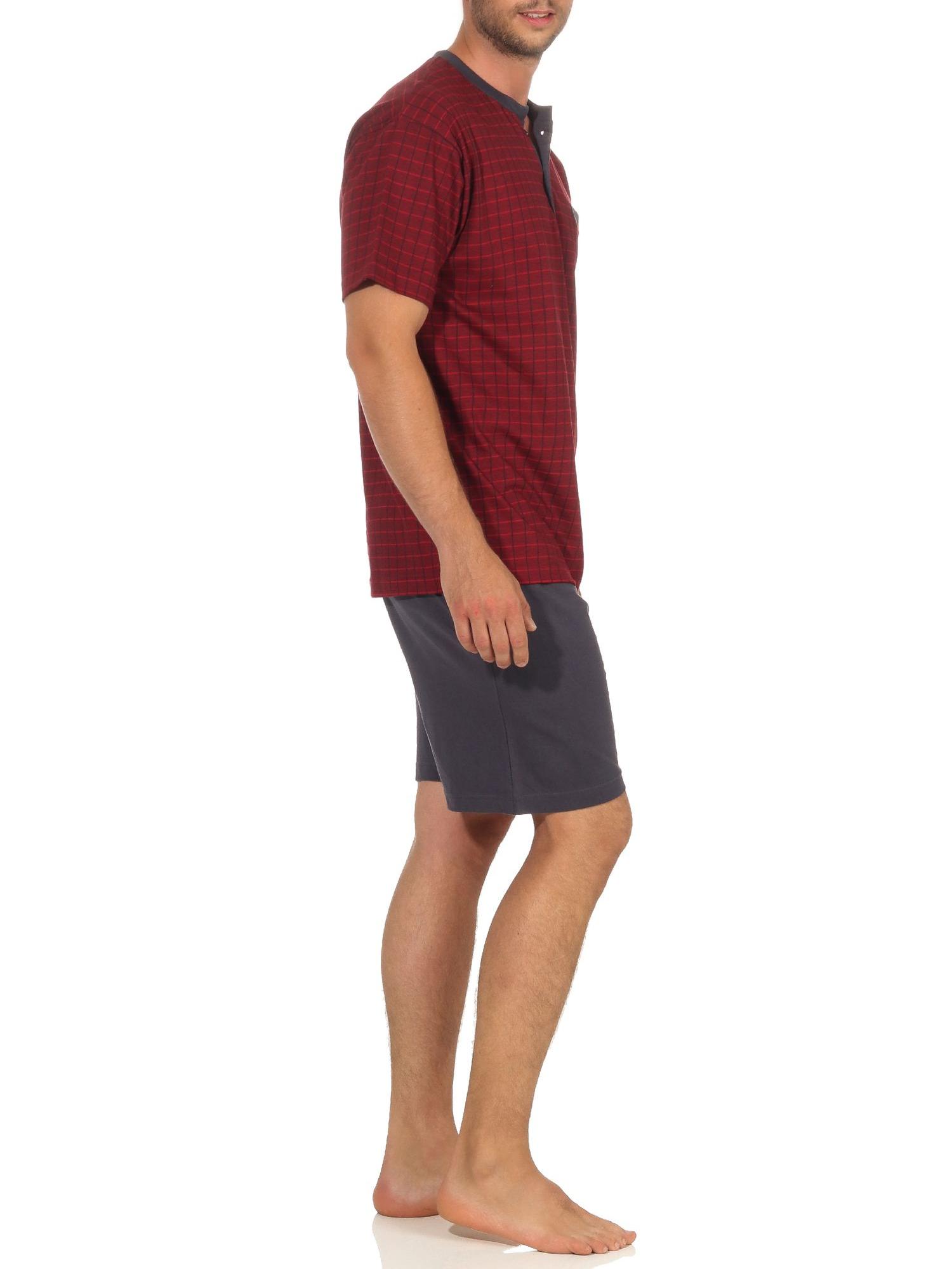Herren Shorty Pyjama Schlafanzug kurzarm mit Knopfleiste am Hals in edler Karo Optik