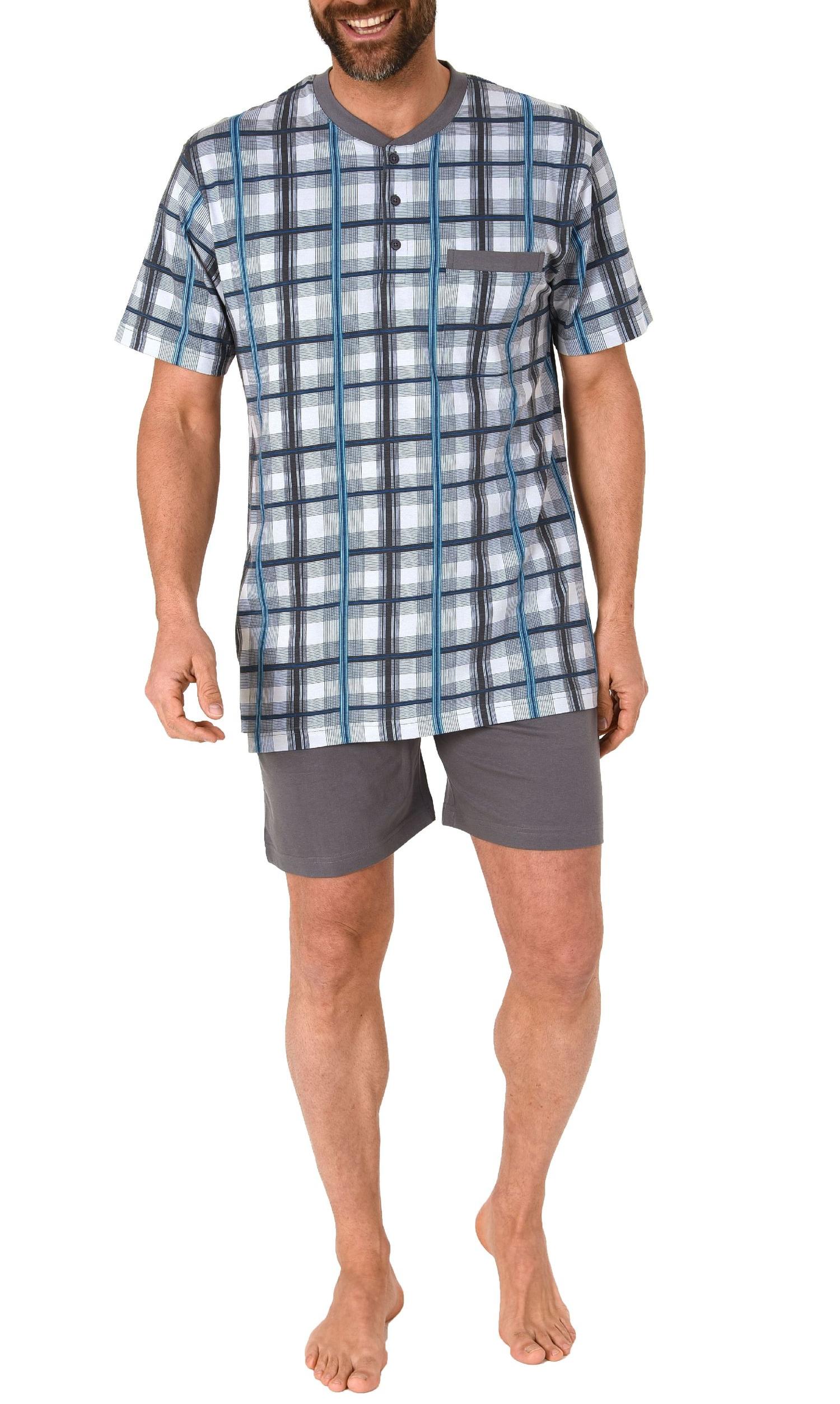 Herren Shorty Schlafanzug kurzarm mit Knopfleiste am Hals, Karo Optik -auch in Übergrössen