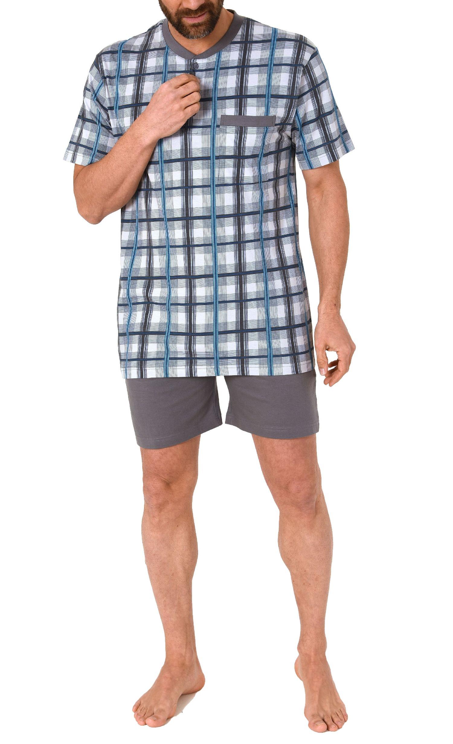 Herren Shorty Schlafanzug kurzarm mit Knopfleiste am Hals, Karo Optik -auch in Übergrössen