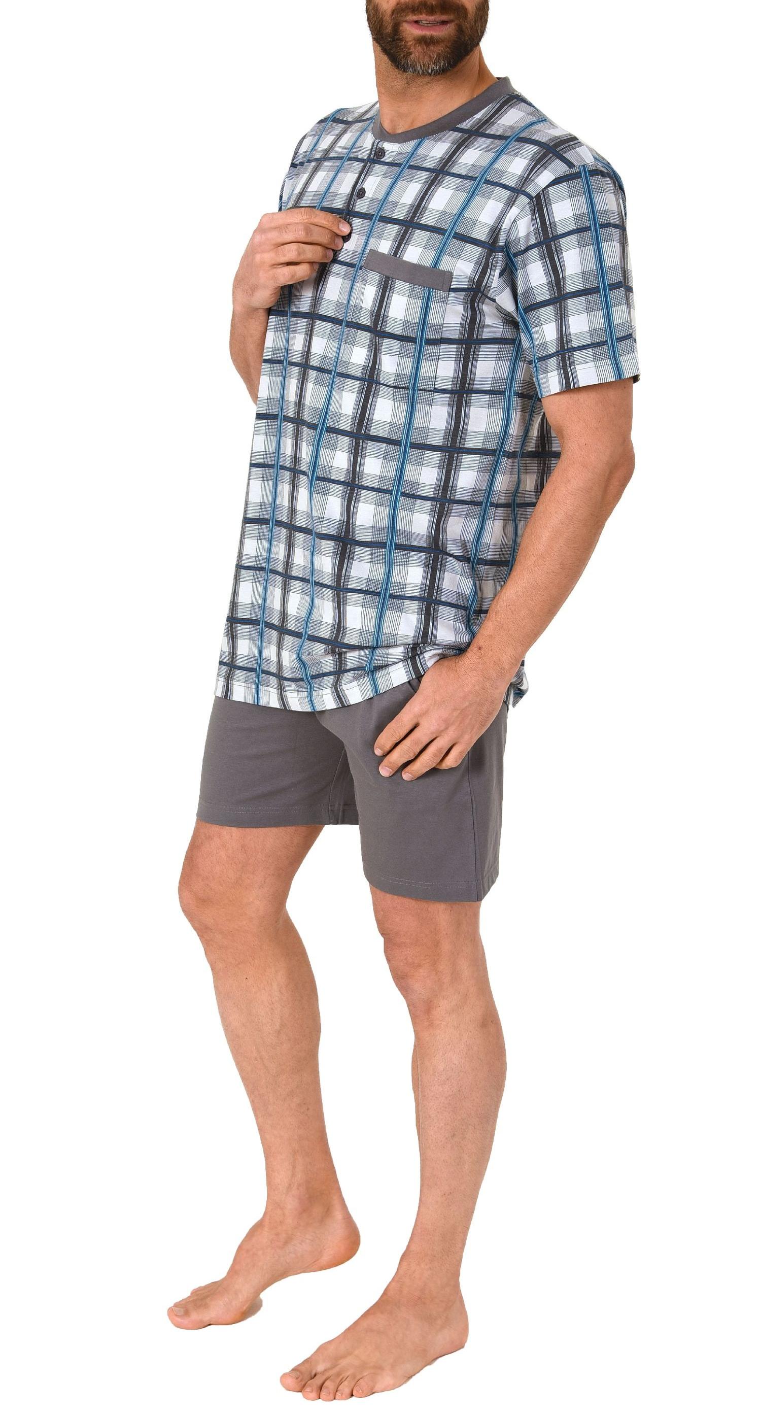 Herren Shorty Schlafanzug kurzarm mit Knopfleiste am Hals, Karo Optik -auch in Übergrössen