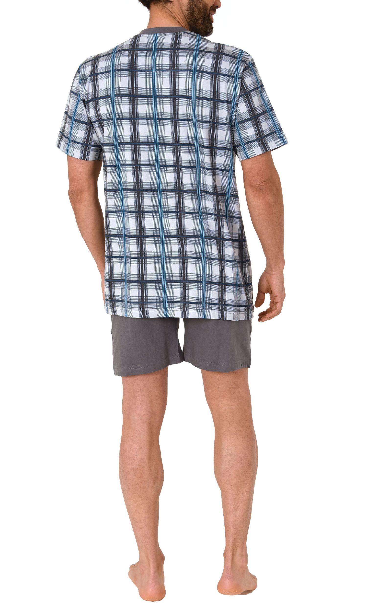 Herren Shorty Schlafanzug kurzarm mit Knopfleiste am Hals, Karo Optik -auch in Übergrössen