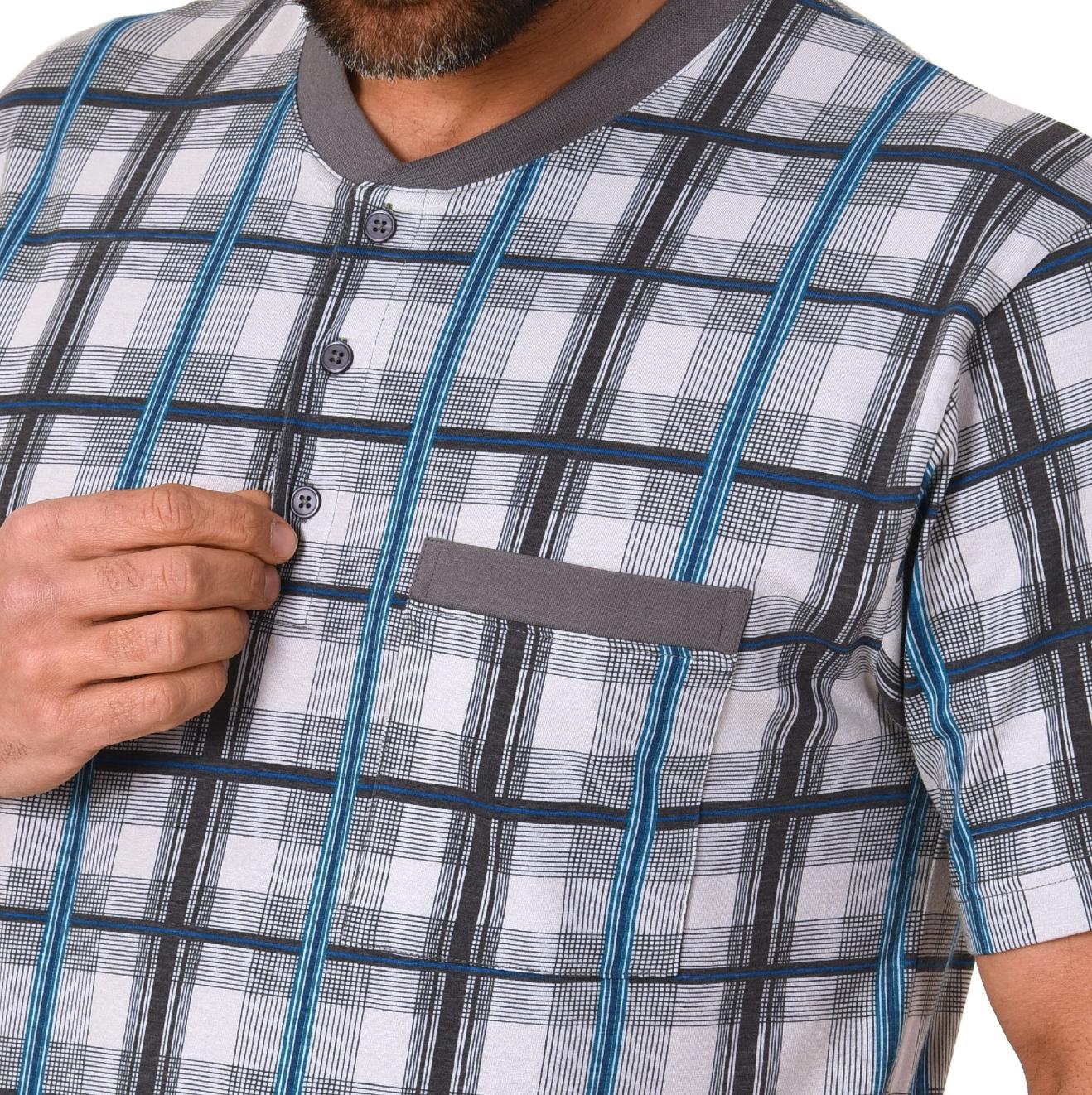 Herren Shorty Schlafanzug kurzarm mit Knopfleiste am Hals, Karo Optik -auch in Übergrössen