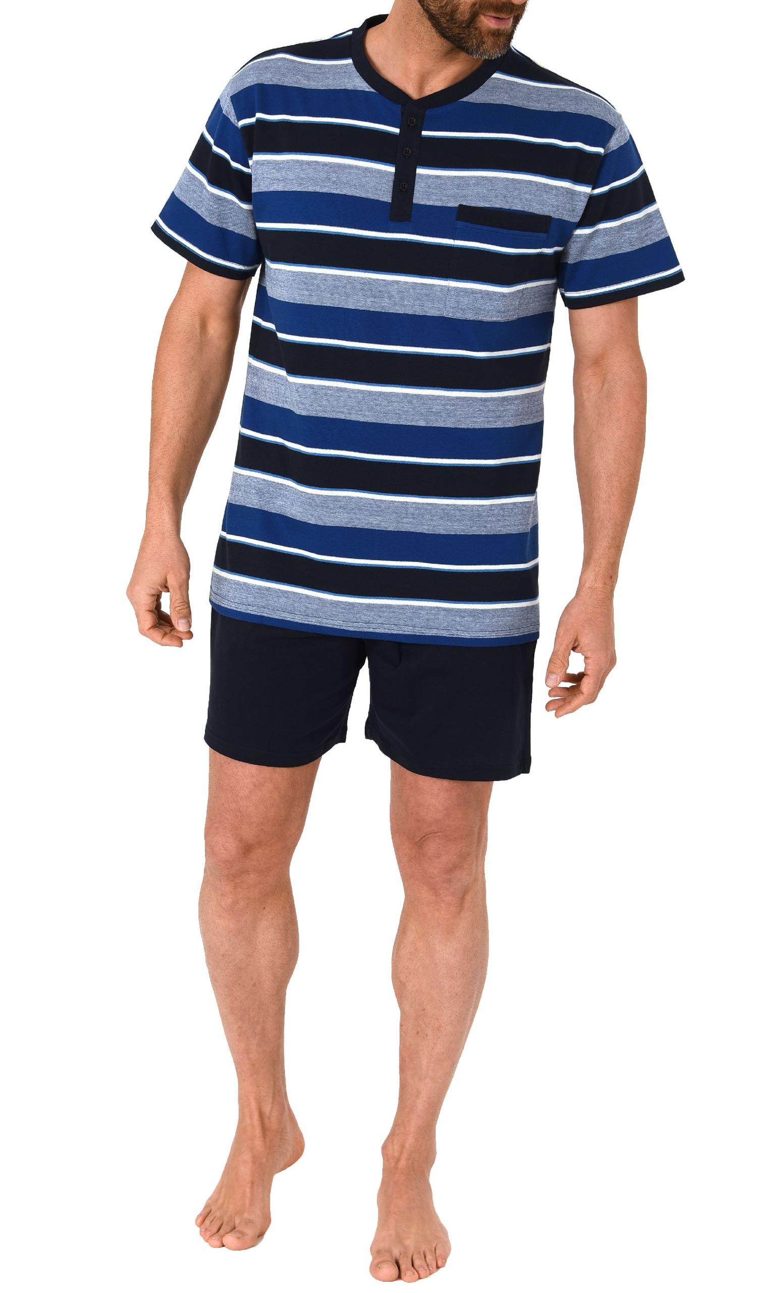 Eleganter Herren Shorty Pyjama kurzarm Schlafanzug in Streifenoptik, Knopfleiste am Hals
