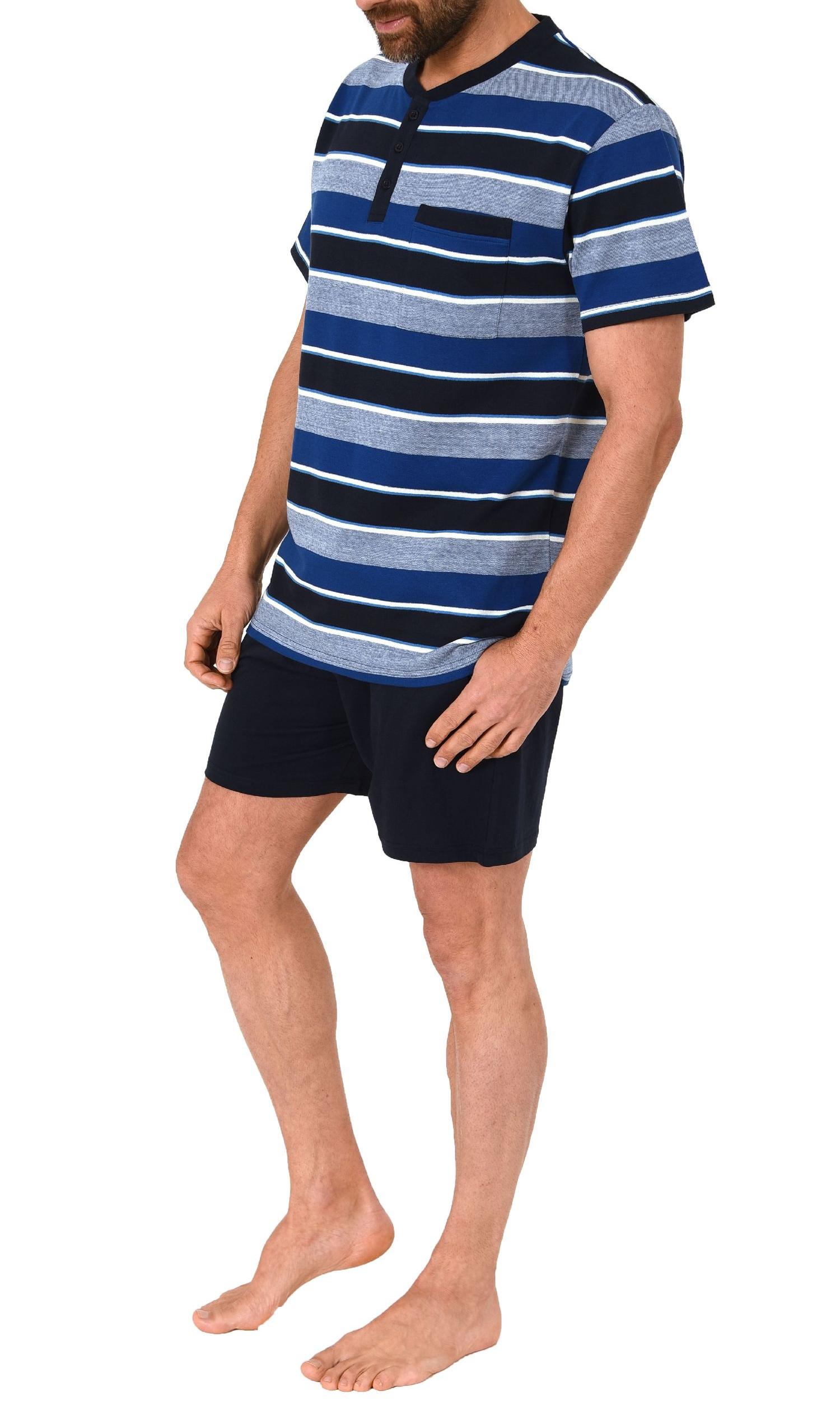 Eleganter Herren Shorty Pyjama kurzarm Schlafanzug in Streifenoptik, Knopfleiste am Hals