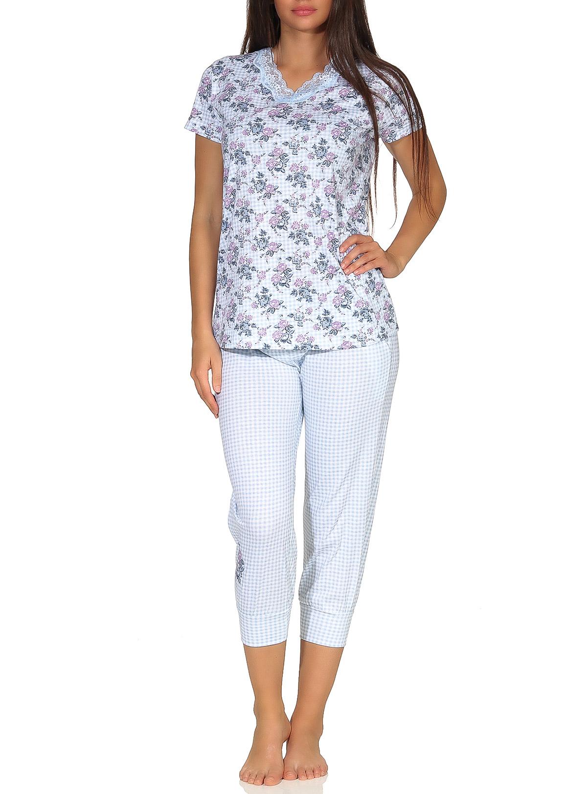 Klassischer Capri Damen Pyjama halbarm Schlafanzug im florales Muster und mit Spitzenbesatz
