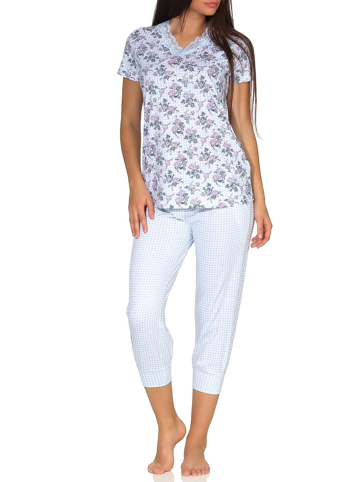 Klassischer Capri Damen Pyjama halbarm Schlafanzug im florales Muster und mit Spitzenbesatz
