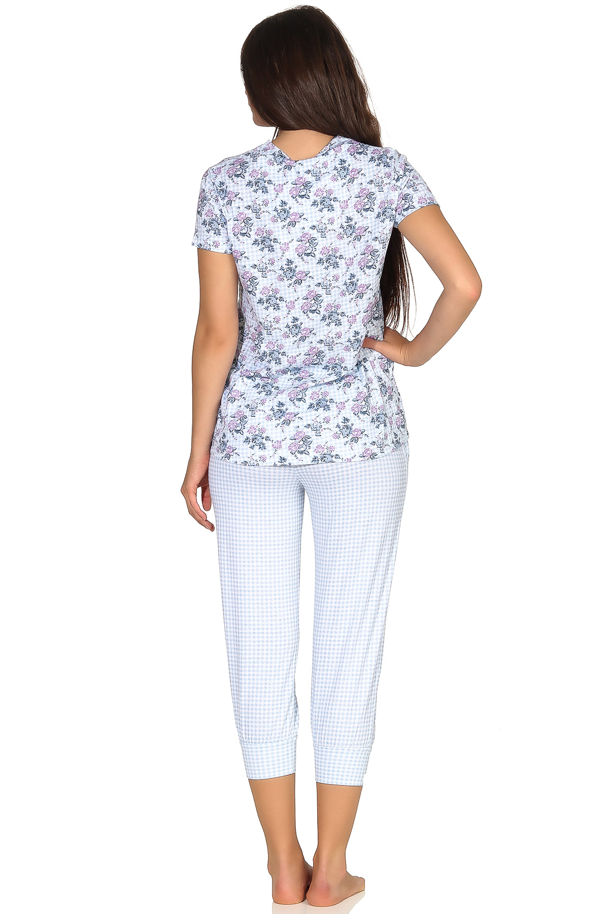 Klassischer Capri Damen Pyjama halbarm Schlafanzug im florales Muster und mit Spitzenbesatz