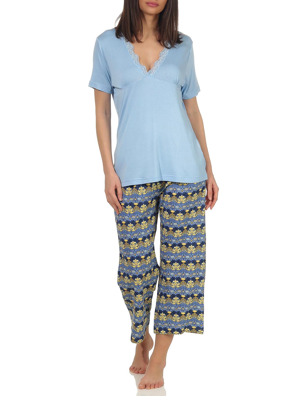 Softer Damen Capri Pyjama kurzarm mit Spitzenbesatz aus weichem Viskose Stoff, Hose geblümt