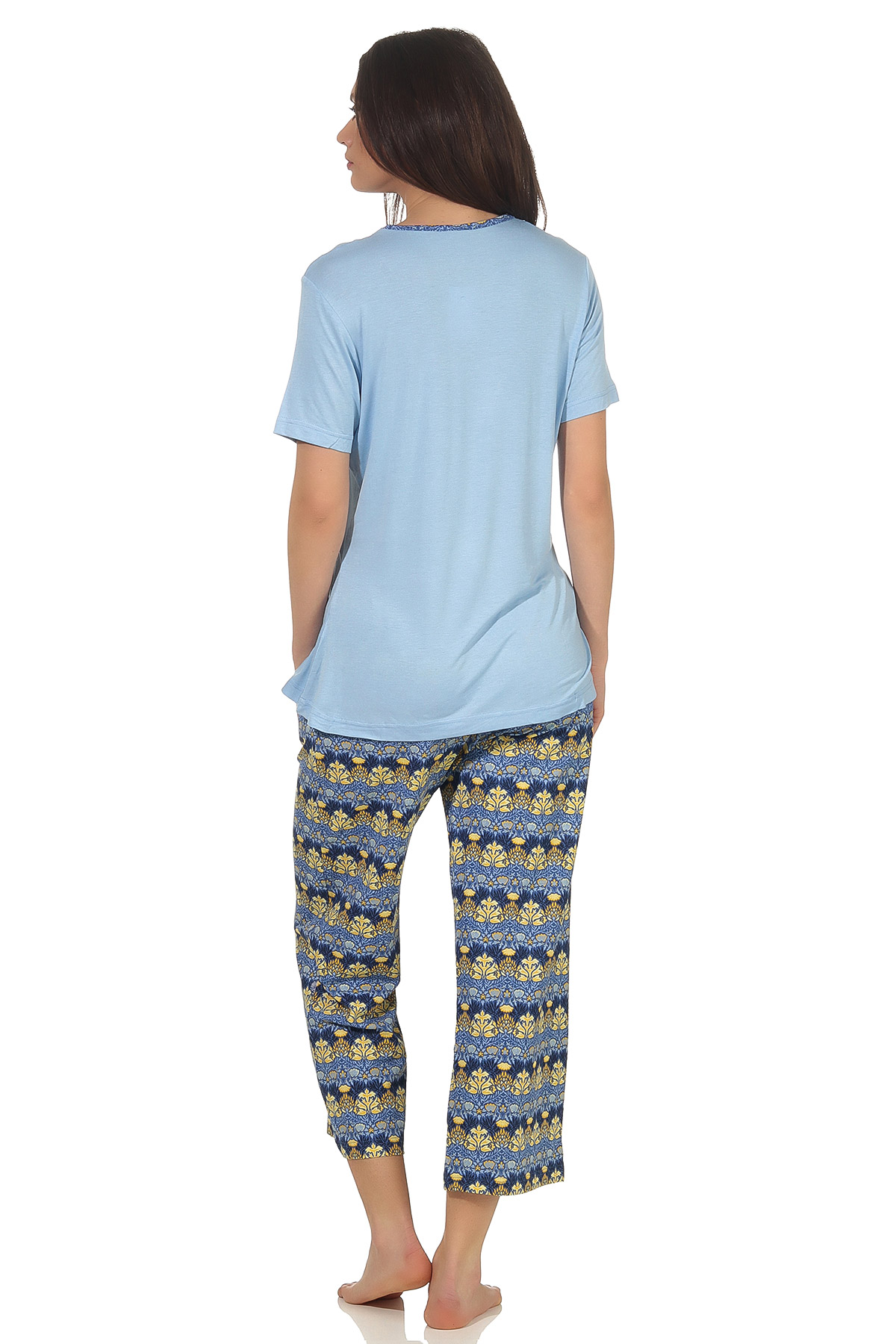 Softer Damen Capri Pyjama kurzarm mit Spitzenbesatz aus weichem Viskose Stoff, Hose geblümt