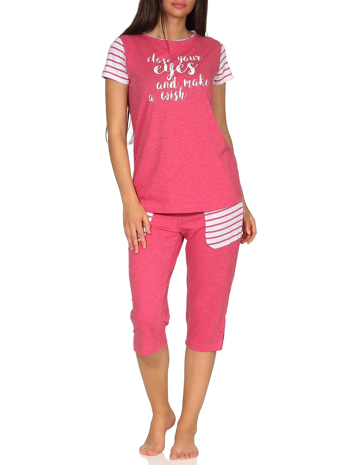 Lässiger Damen Capri Pyjama kurzarm im College-Look mit Print und abgesetzten Ärmeln