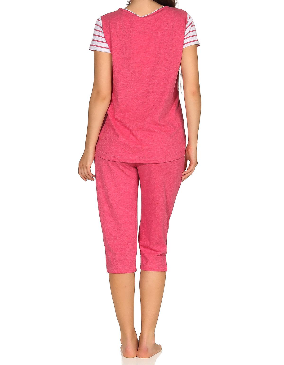 Lässiger Damen Capri Pyjama kurzarm im College-Look mit Print und abgesetzten Ärmeln