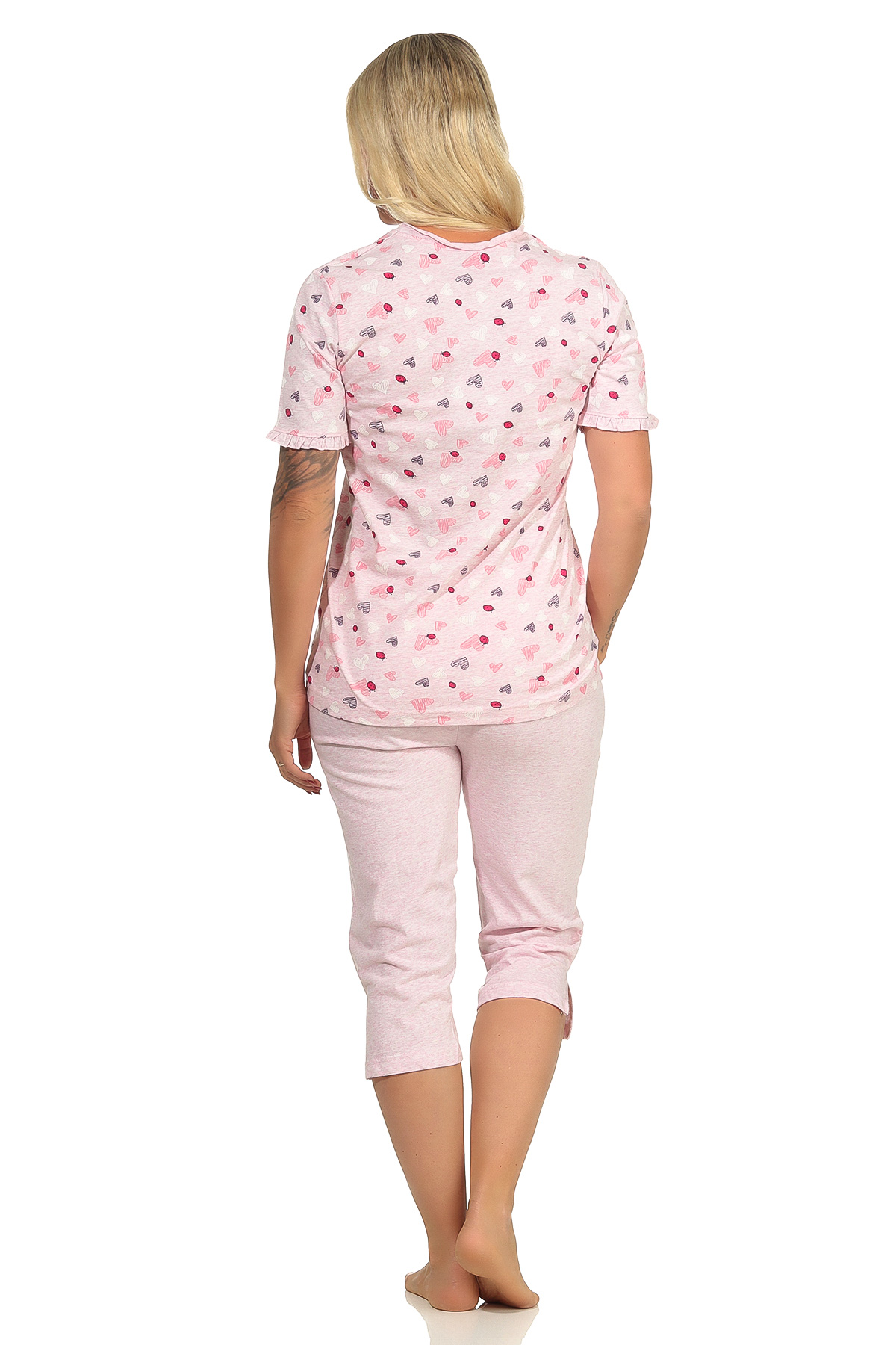 Damen Capri Pyjama kurzarm im Herz Allover Look in Melange-Optik - auch in Übergrössen - 102 204 90 815 Damen Capri Pyjama kurzarm im Herz Allover Look in Melange-Optik - auch in Übergrössen