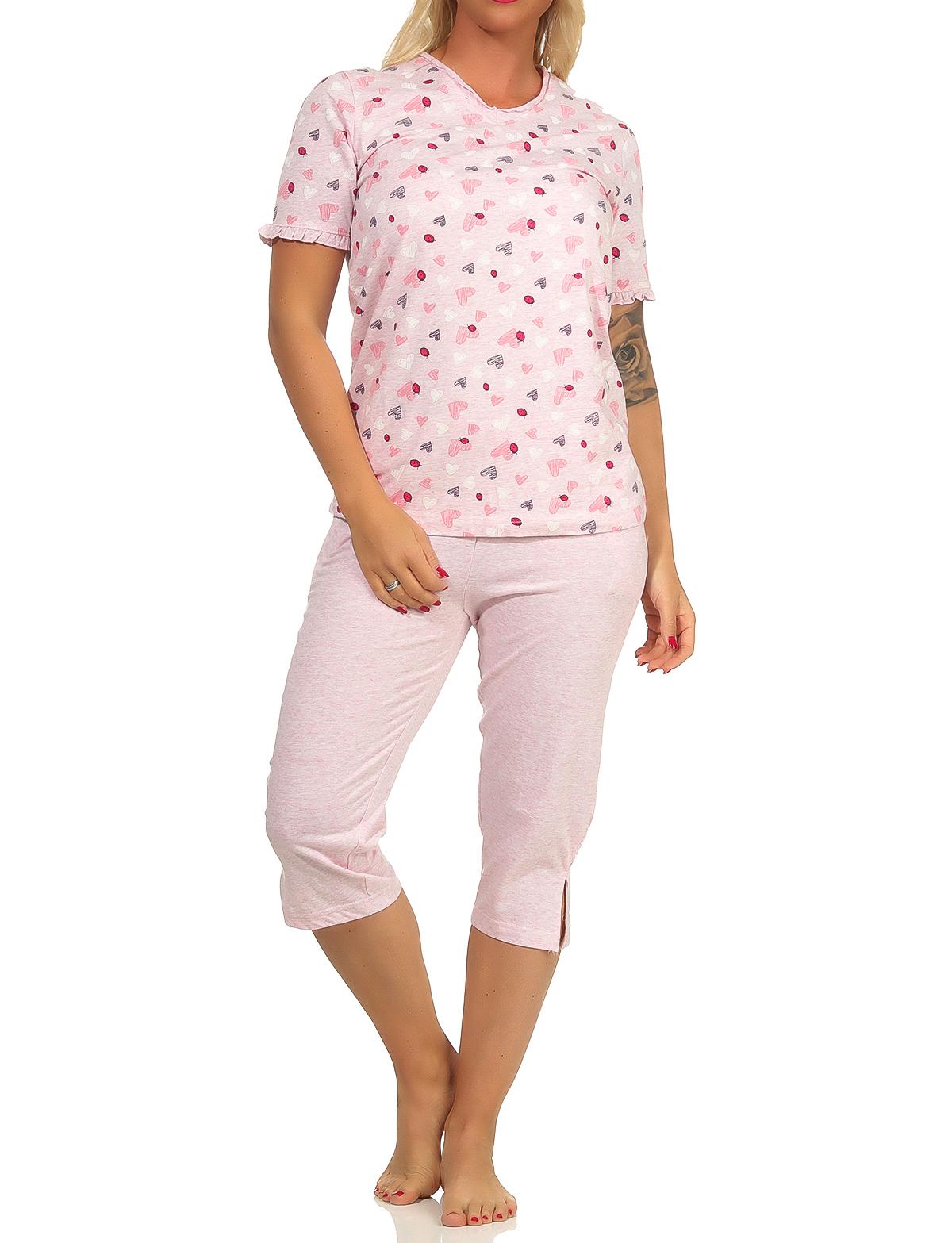 Damen Capri Pyjama kurzarm im Herz Allover Look in Melange-Optik - auch in Übergrössen