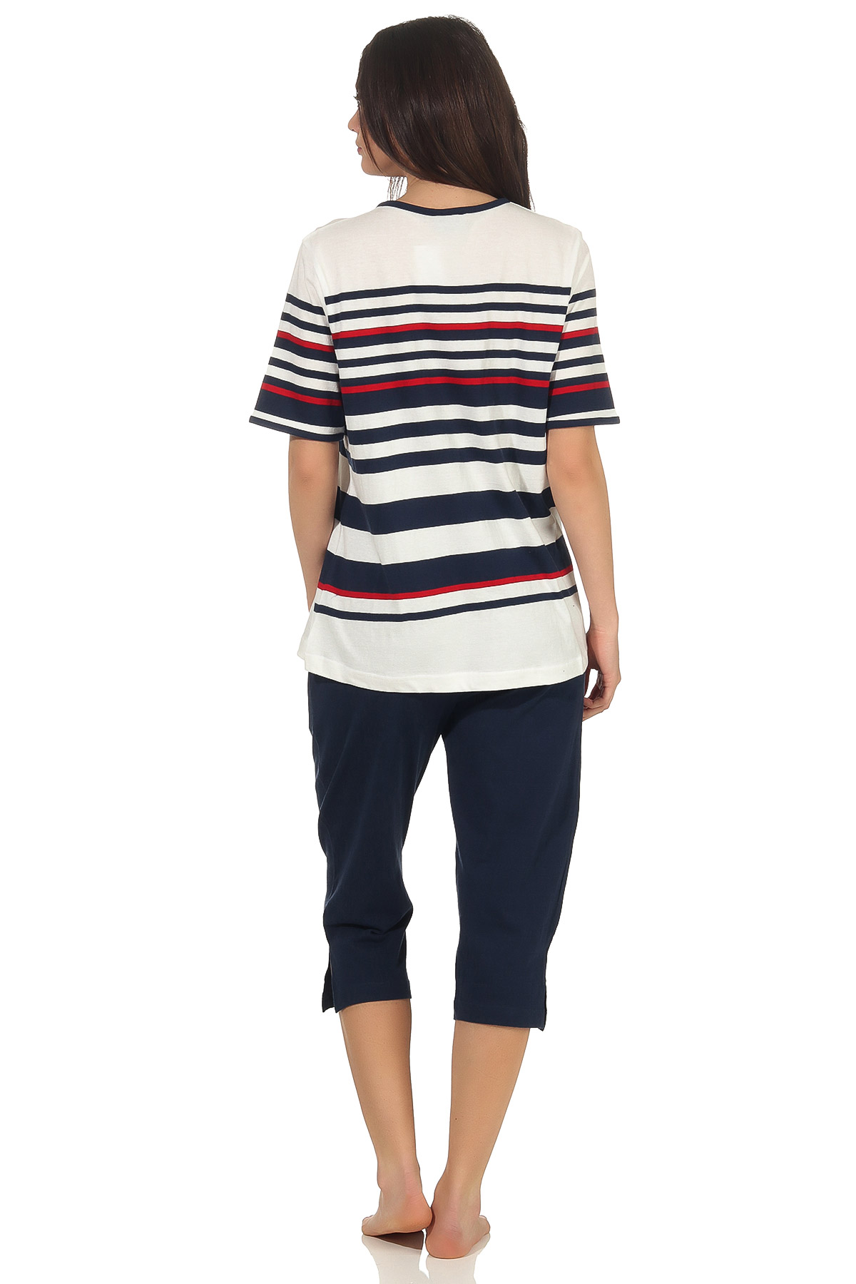 Maritimer Damen Capri Pyjama kurzarm Schlafanzug in Streifenoptik und mit Knopfleiste - 102 204 90 920 Maritimer Damen Capri Pyjama kurzarm Schlafanzug in Streifenoptik und mit Knopfleiste