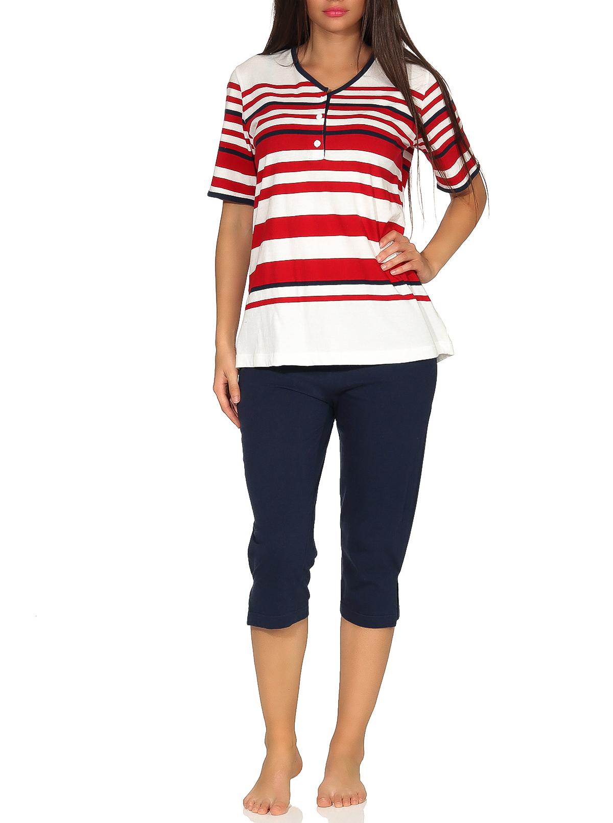 Maritimer Damen Capri Pyjama kurzarm Schlafanzug in Streifenoptik und mit Knopfleiste