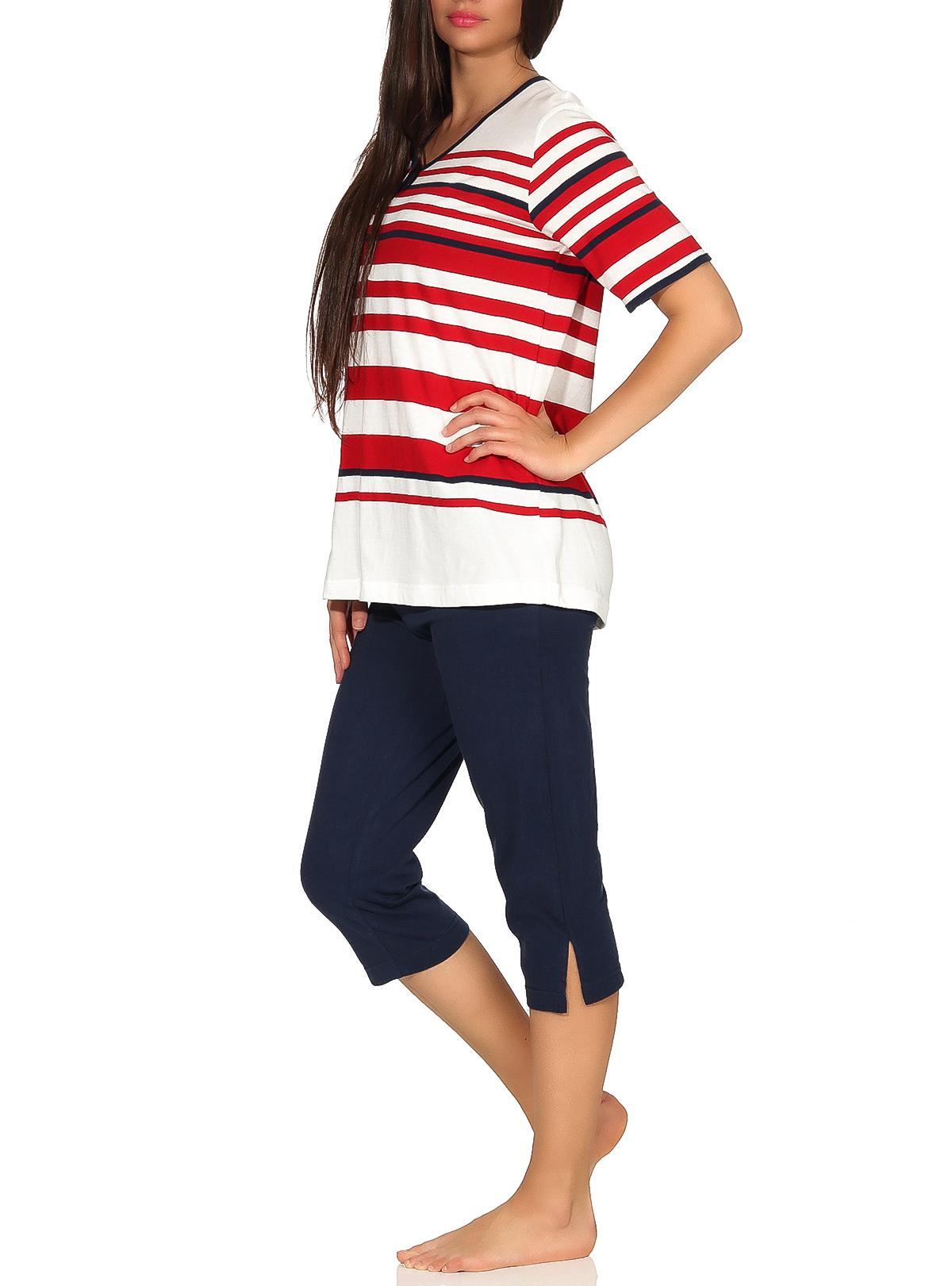 Maritimer Damen Capri Pyjama kurzarm Schlafanzug in Streifenoptik und mit Knopfleiste