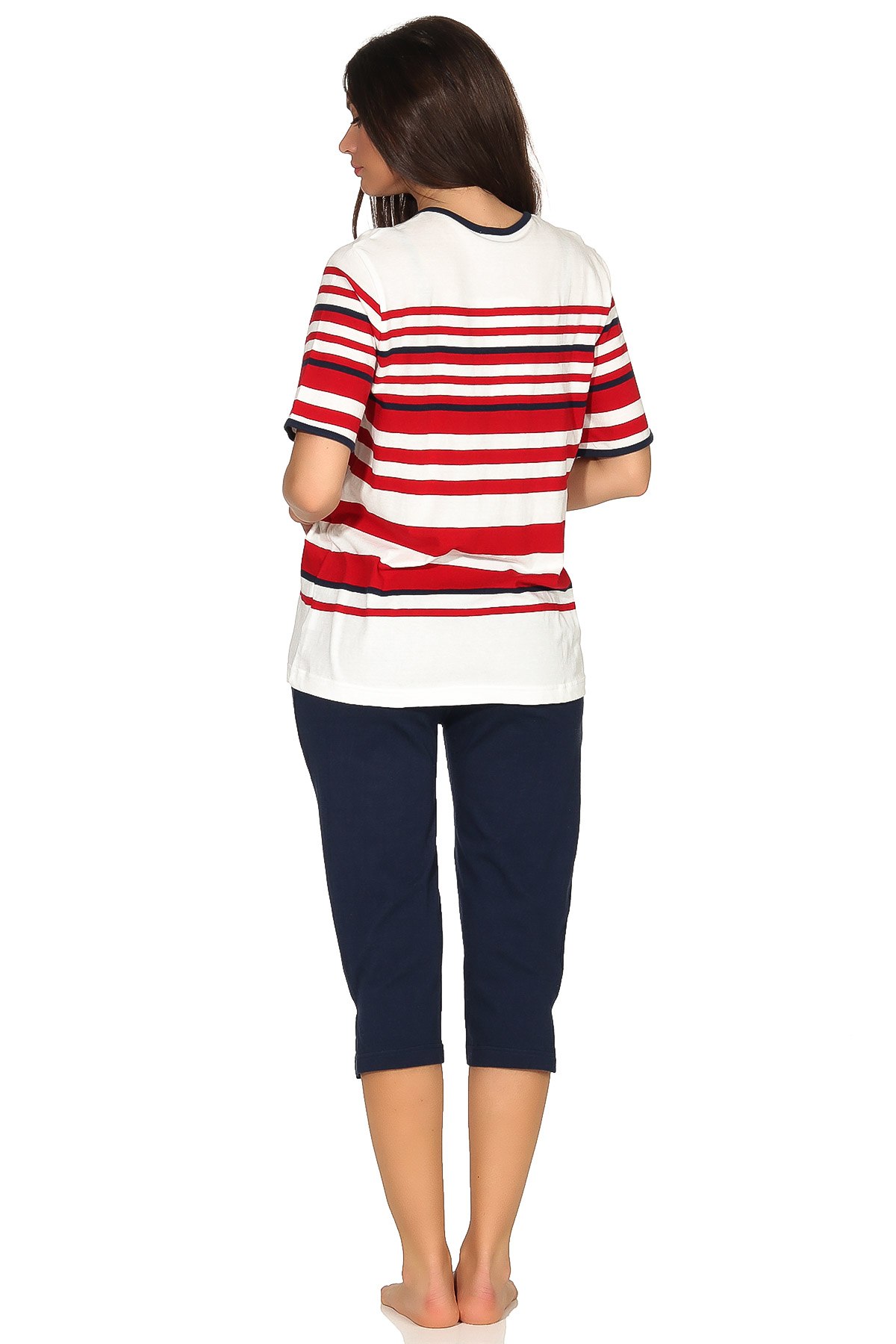 Maritimer Damen Capri Pyjama kurzarm Schlafanzug in Streifenoptik und mit Knopfleiste