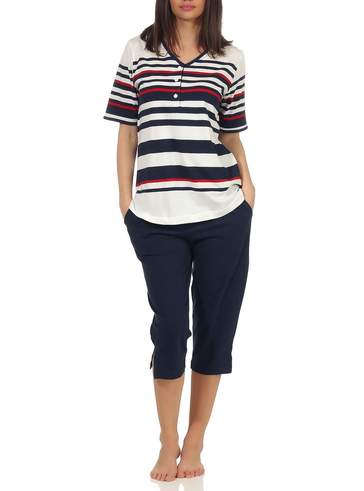 Maritimer Damen Capri Pyjama kurzarm Schlafanzug in Streifenoptik und mit Knopfleiste