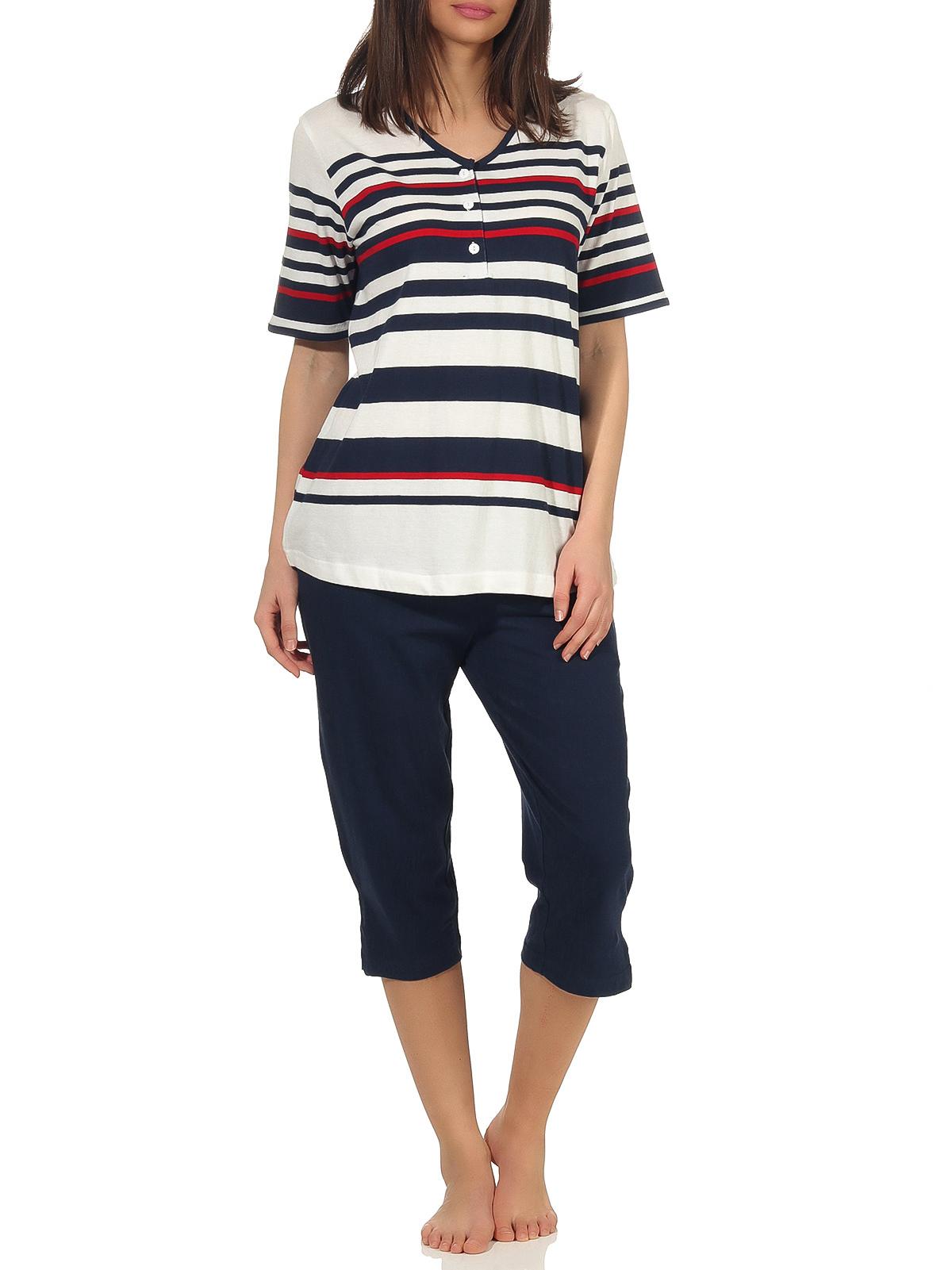 Maritimer Damen Capri Pyjama kurzarm Schlafanzug in Streifenoptik und mit Knopfleiste